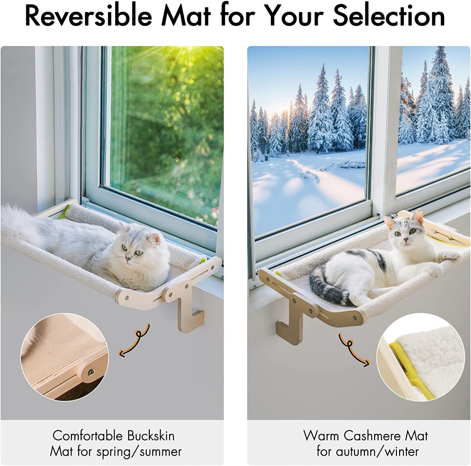 Mewoofun Sturdy Cat Window Perch Hammock - Reversible Mat, No Suction, No Drilling - Holds Up To 40Lbs (Beige)