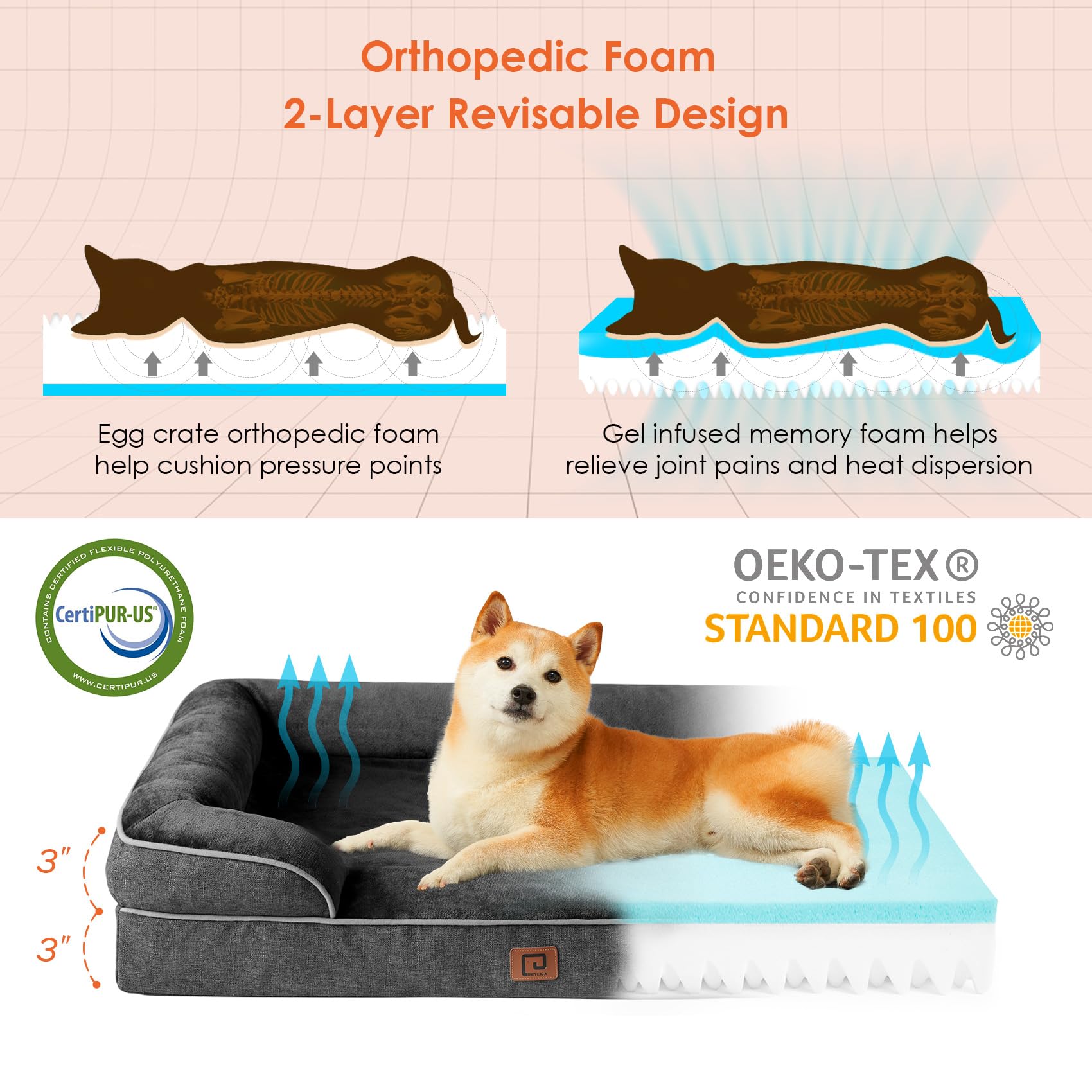 Eheyciga Orthopedic Dog Beds For Extra Large Dogs, Waterproof Memory Foam Xl Dog Bed With Sides, Non-Slip Bottom And Egg-Crate Foam Big Dog Couch Bed With Washable Removable Cover, Dark Grey