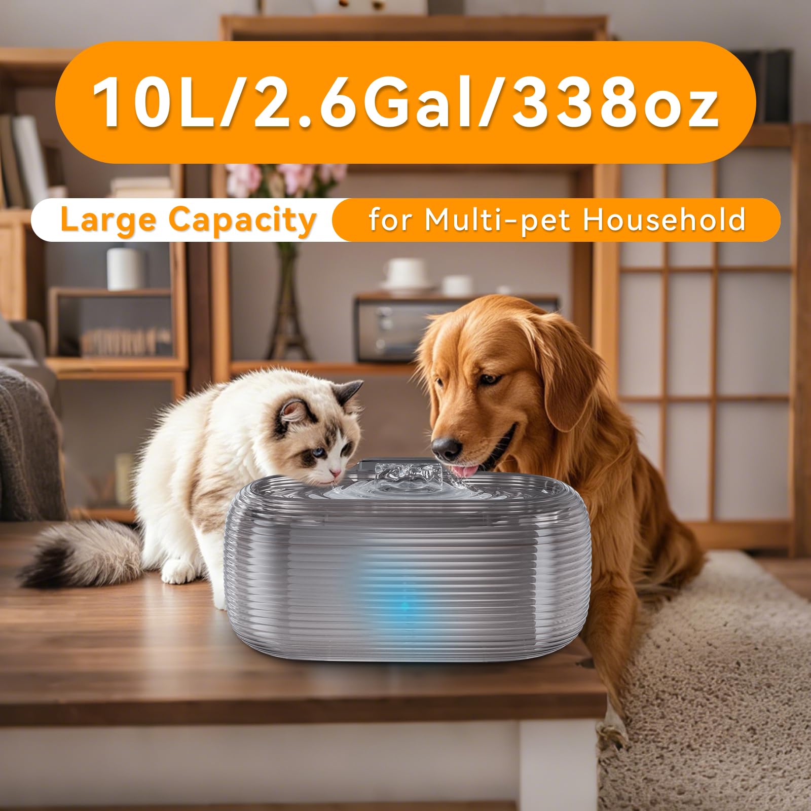 Jmicow 10L/2.6Gal/338Oz Dog Water Fountain For Large Dogs, Dog Fountain Water Bowl, Pet Water Fountain With 5 Replacement Filter