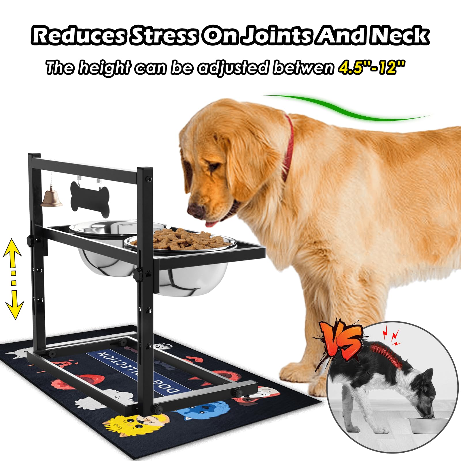SHAINFUN Elevated Dog Feeder - Raised Bowls Stand with Spill Proof Mat, Adjustable Height, Slow Feeder, Stainless Steel, for Lar