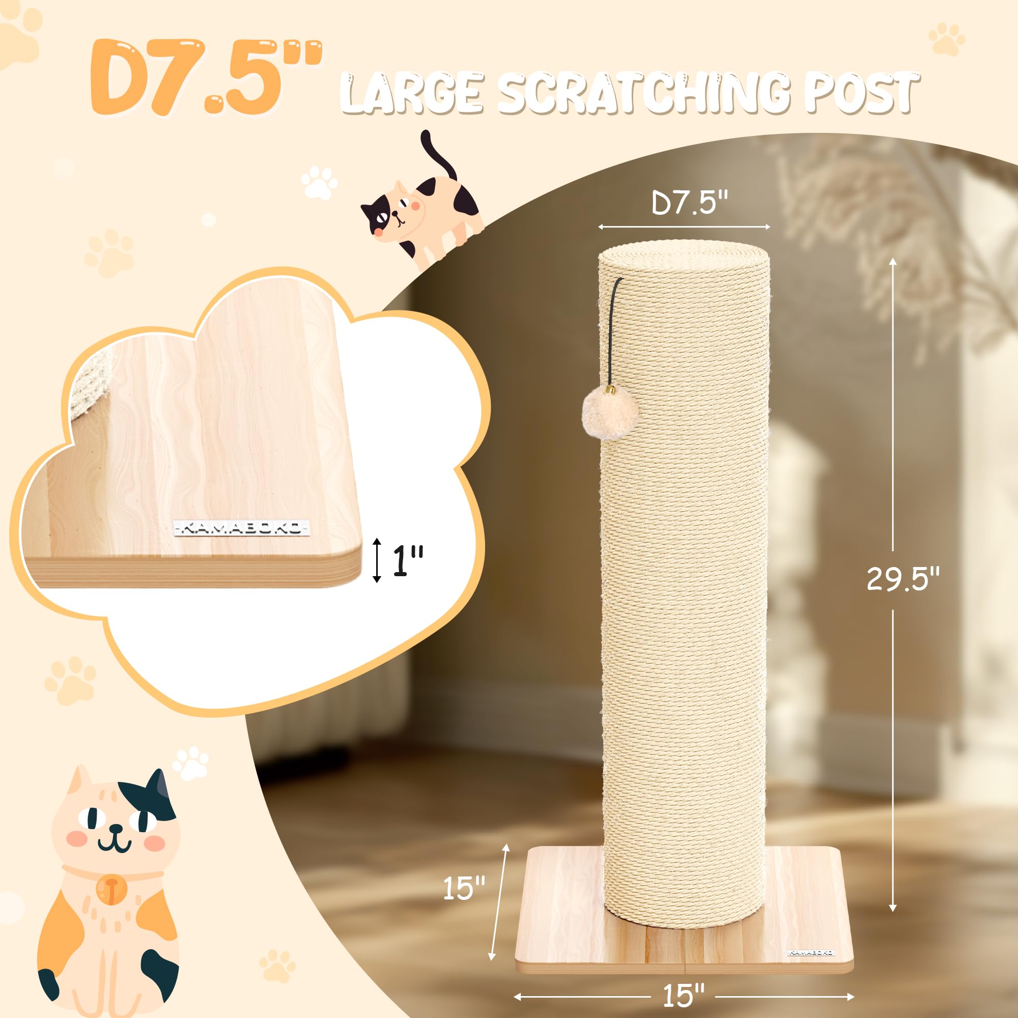 Kamaboko 29.5 Cat Scratching Post, 7.5 Ultra-Large Diameter Natural Sisal Cat Scratch Post, Scratch-Resistant Tall Cat Scrat