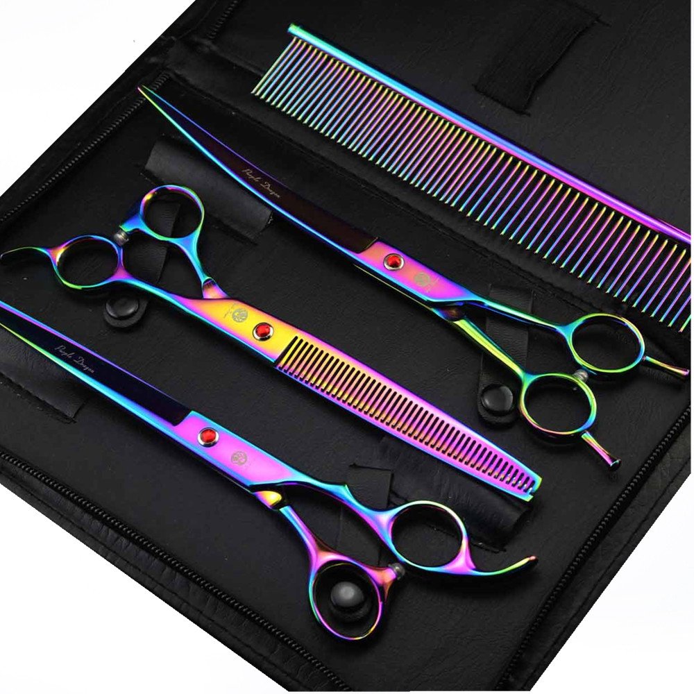 Purple Dragon 8 Inch 3 In 1 Professional Pet Grooming Thinning Scissors - Upward Curved Shears And Dog Hair Cutting Scissor - Perfect For Pet Groomer Or Family Diy Use (Rainbow)