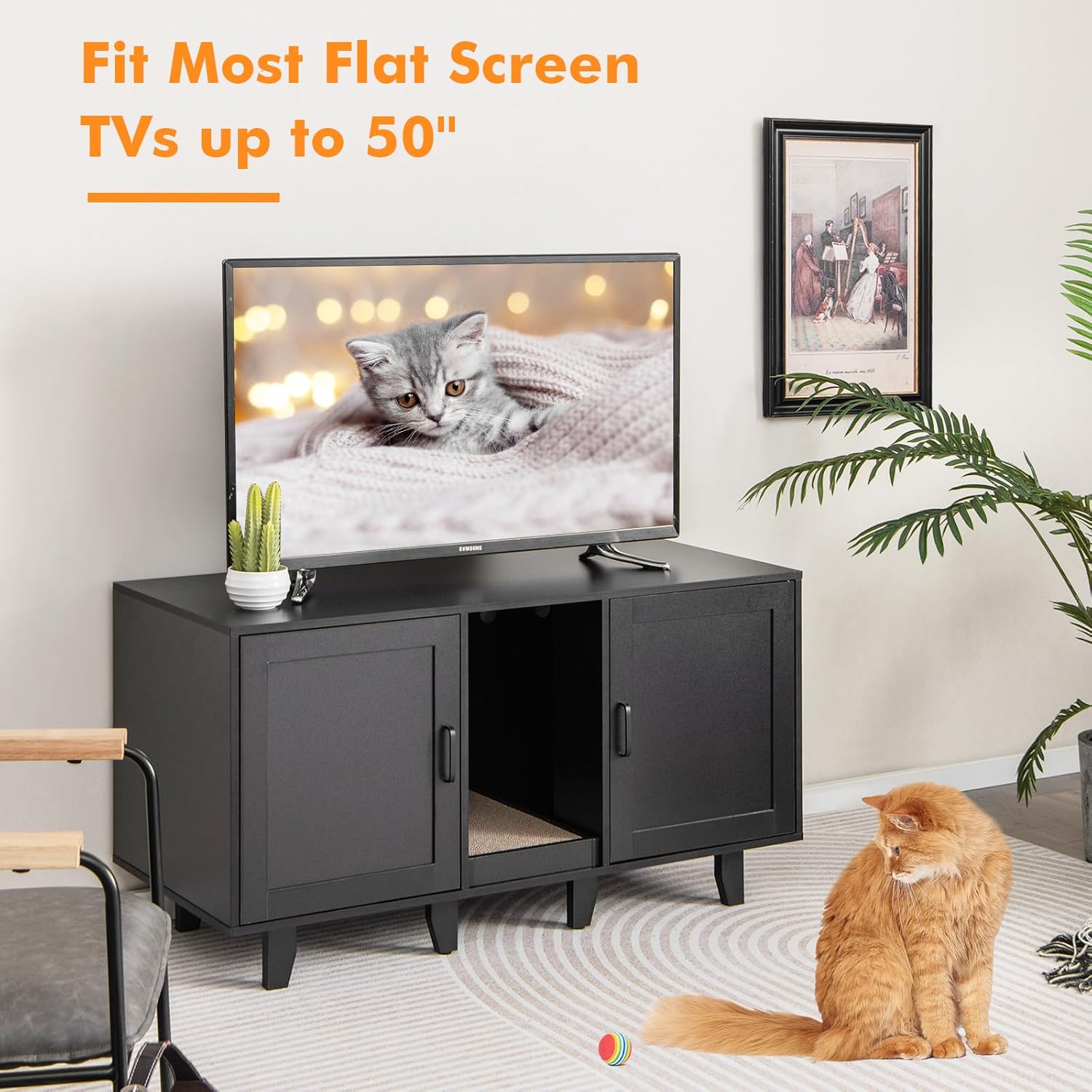 Giantex Cat Litter Box Enclosure - Cat Washroom Hidden Furniture with 2 Storage Cabinets, Removable Cat Scratcher, Air Vents, De