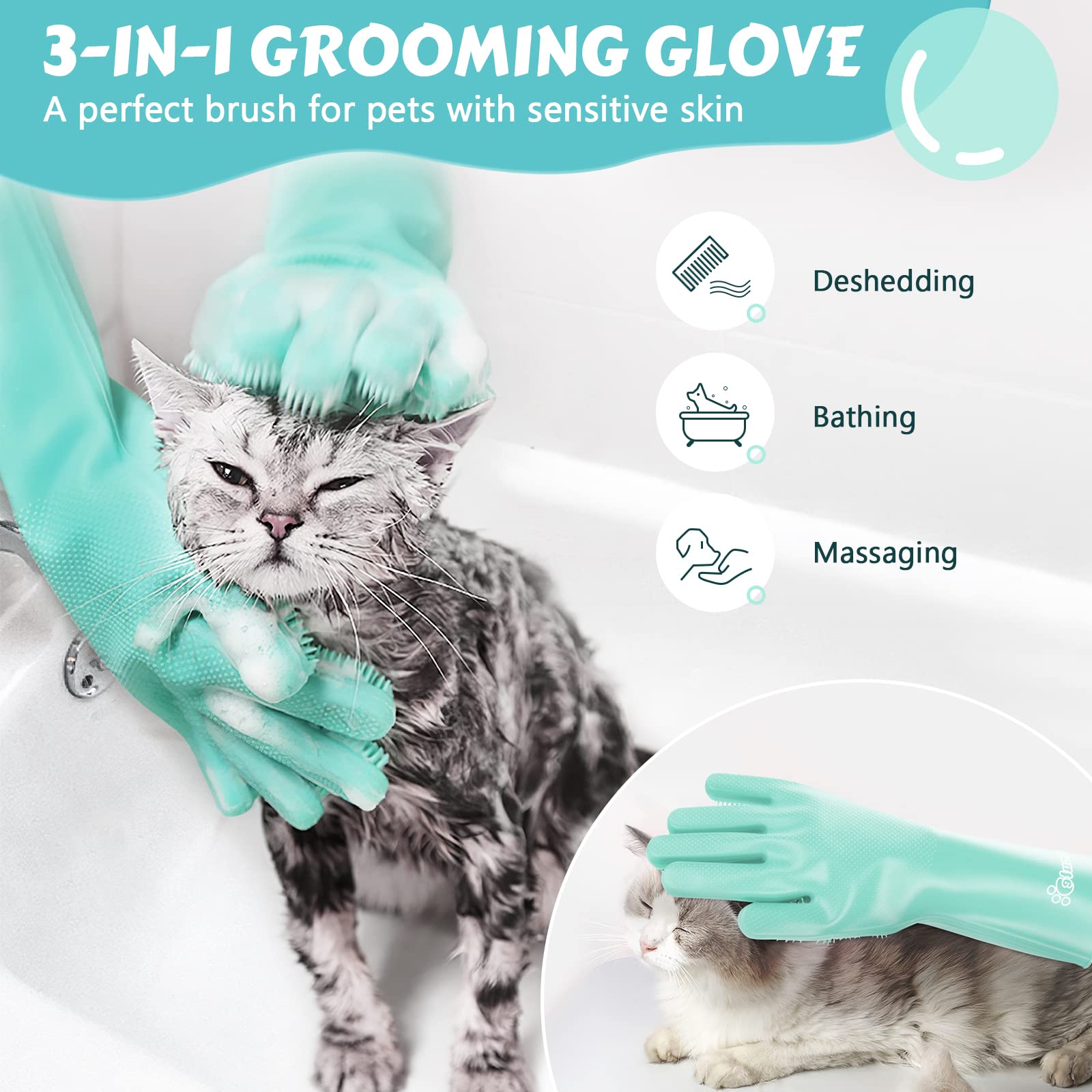Pecute Pet Grooming Gloves Large, Heat Resistant Cat Bathing Gloves With High-Density Teeth, Silicone Dog Bathing Gloves With En