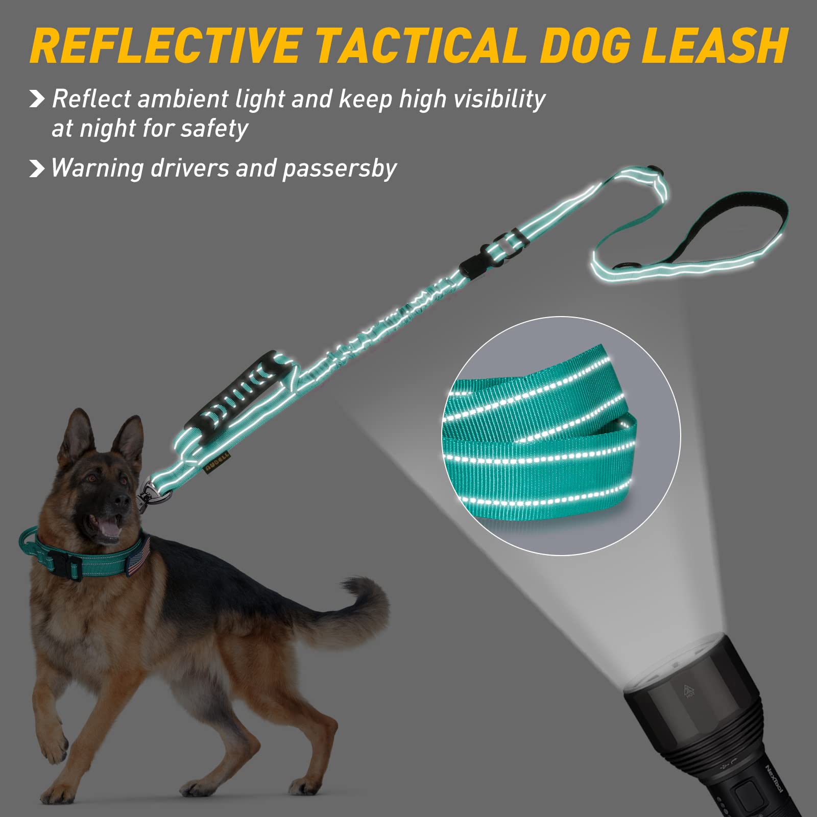AUBELL Heavy Duty Reflective Dog Leash with Padded Handle, 4FT/6FT, for Large & Medium Dogs, Teal, Nylon, Tactical Design