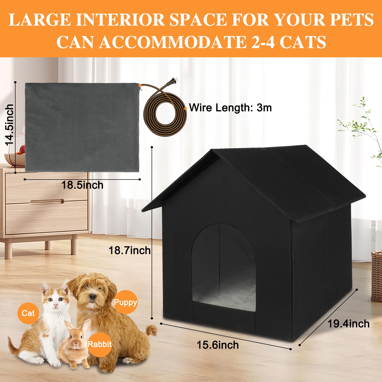 Large Heated Outdoor Cat House Double Door Heated Cat Shelter, Weatherproof Foldable Heat Kitty House With Cat Heating Pad Bed F