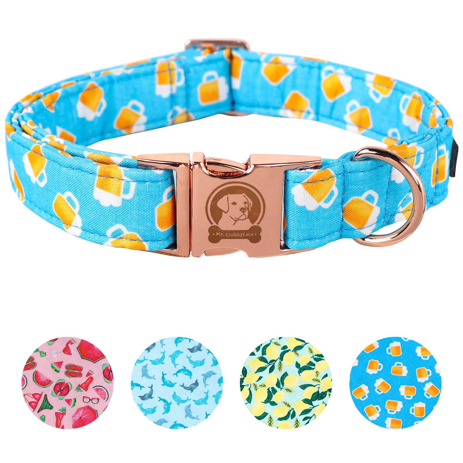 Mr. Chubbyface Spring Summer Dog Collar, Cute Blue Beer Dog Collar, Adjustable Durable Soft Natural Fabric Pet Collar For Small 