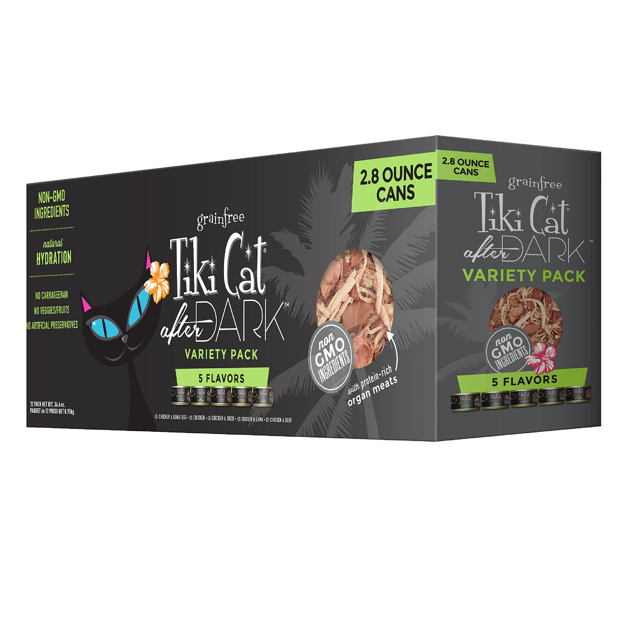 Tiki Cat After Dark, Variety Pack, High-Protein and 100% Non-GMO Ingredients, Wet Cat Food for Adult Cats, 2.8 oz. Cans (Pack of