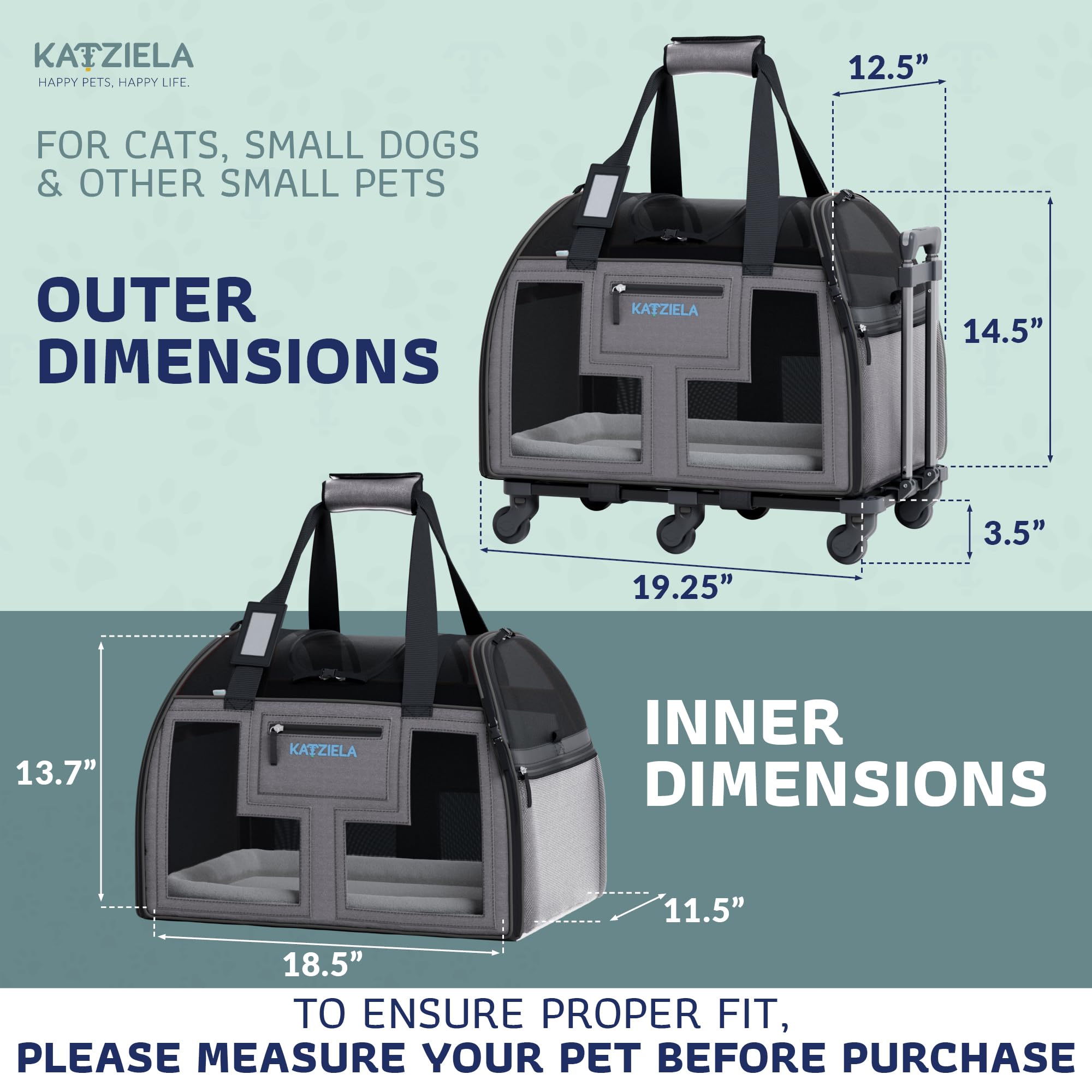 Katziela Airline Approved Pet Carrier - Rolling Portable Travel Carry Crate For Small Dog, Puppy Or Cat - Soft Removable Wheeled