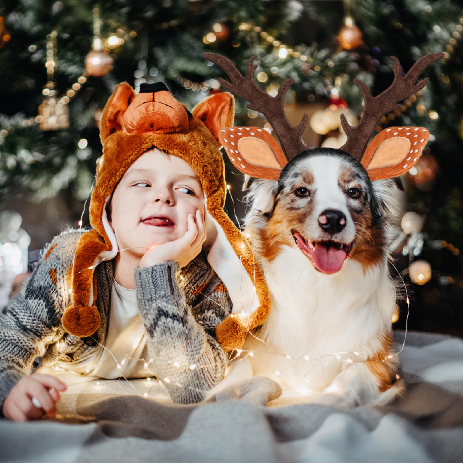 BWOGUE Dog Elk Reindeer Antler Headband with Santa Hat Pet Pet Christmas Costume Headwear Accessories for Dogs and Cats (Large,