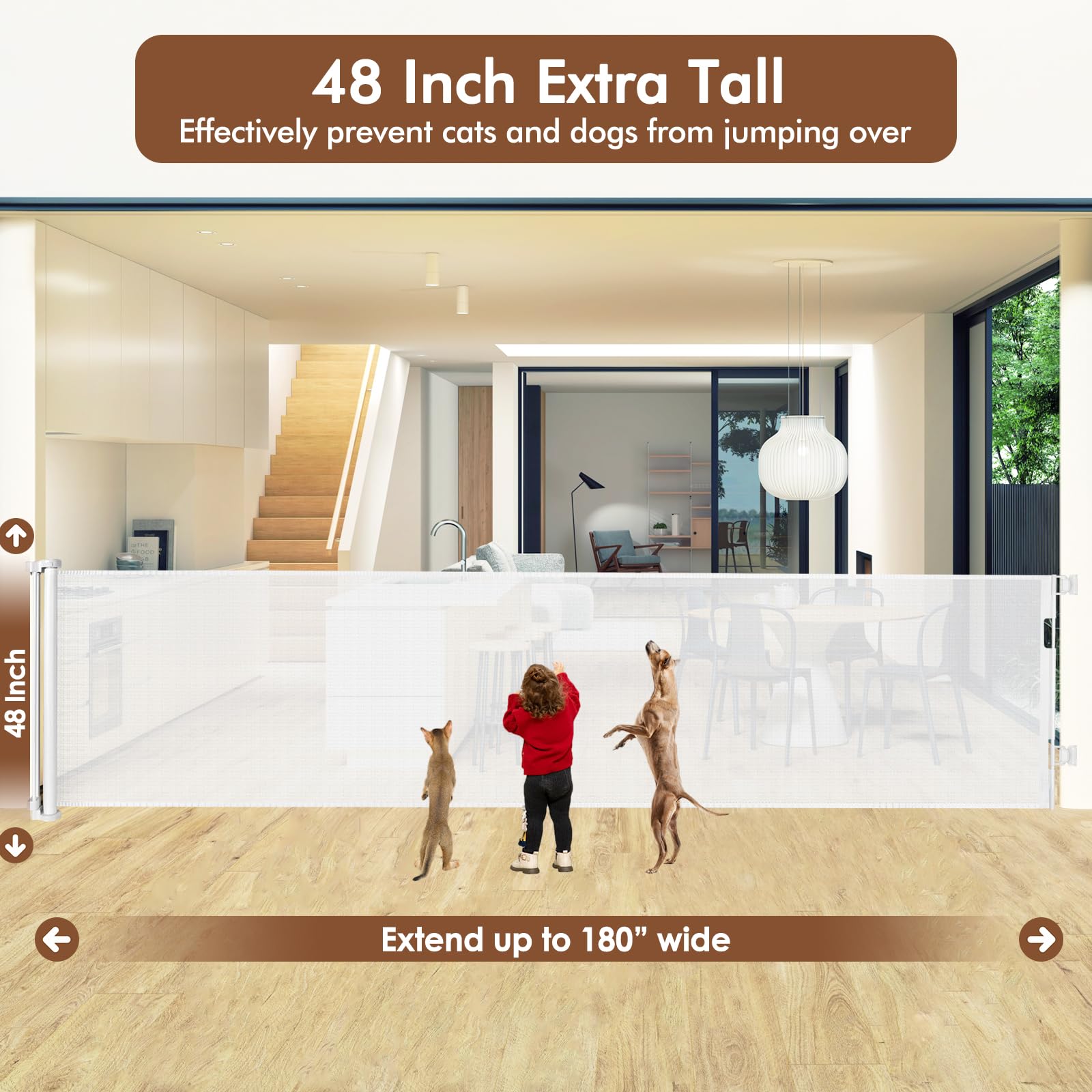 48'' Tall X 180'' Extra Long Retractable Baby Gates for Wide Openings, Extra Tall Baby Gate for Doorways Tall Dog Gate Indoor Ou