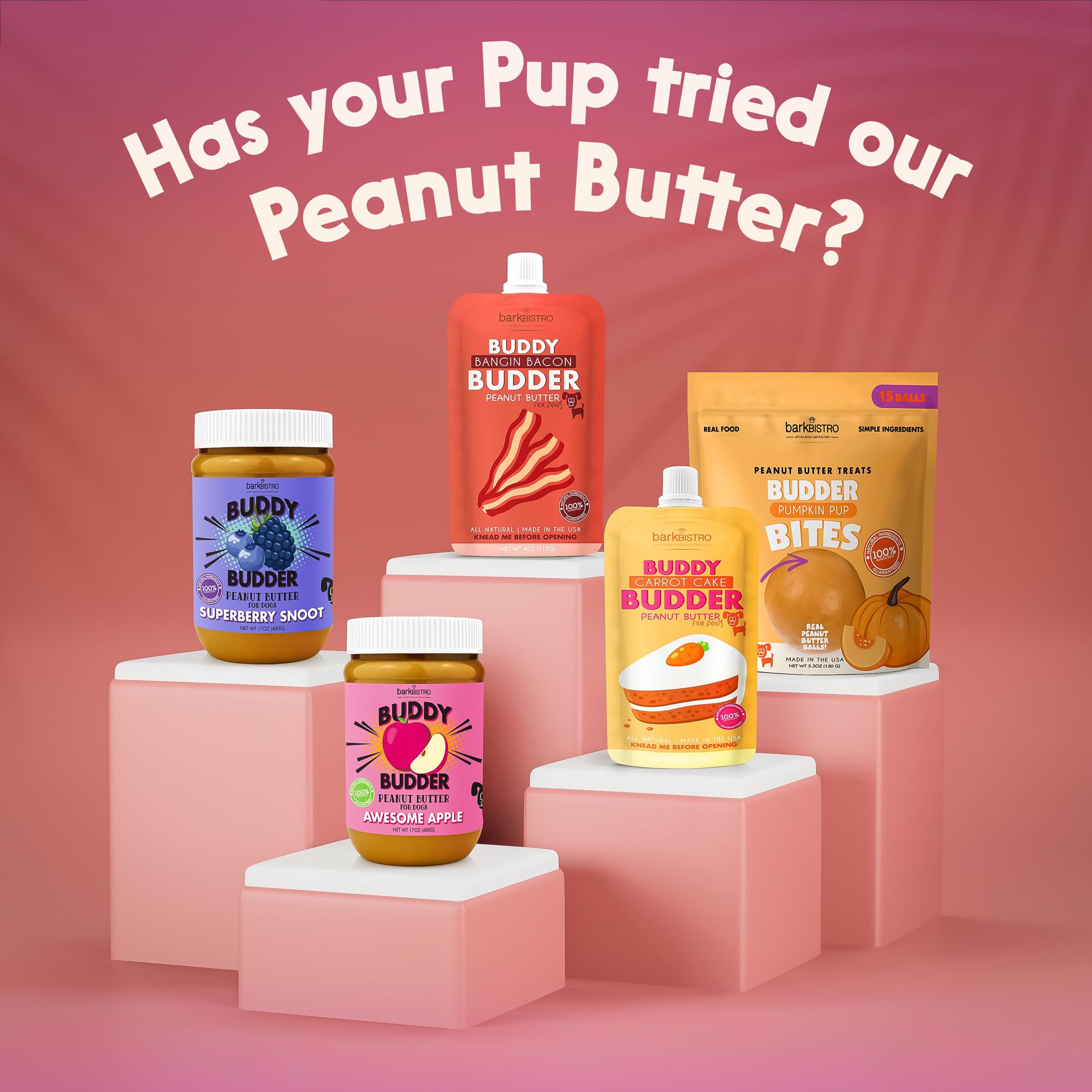 BUDDY BUDDER 3pk Bites, Natural Peanut Butter Dog Treats (Pumpkin, Bacon, & Berry Flavor), Soft Peanut Butter Ball Treat or Use