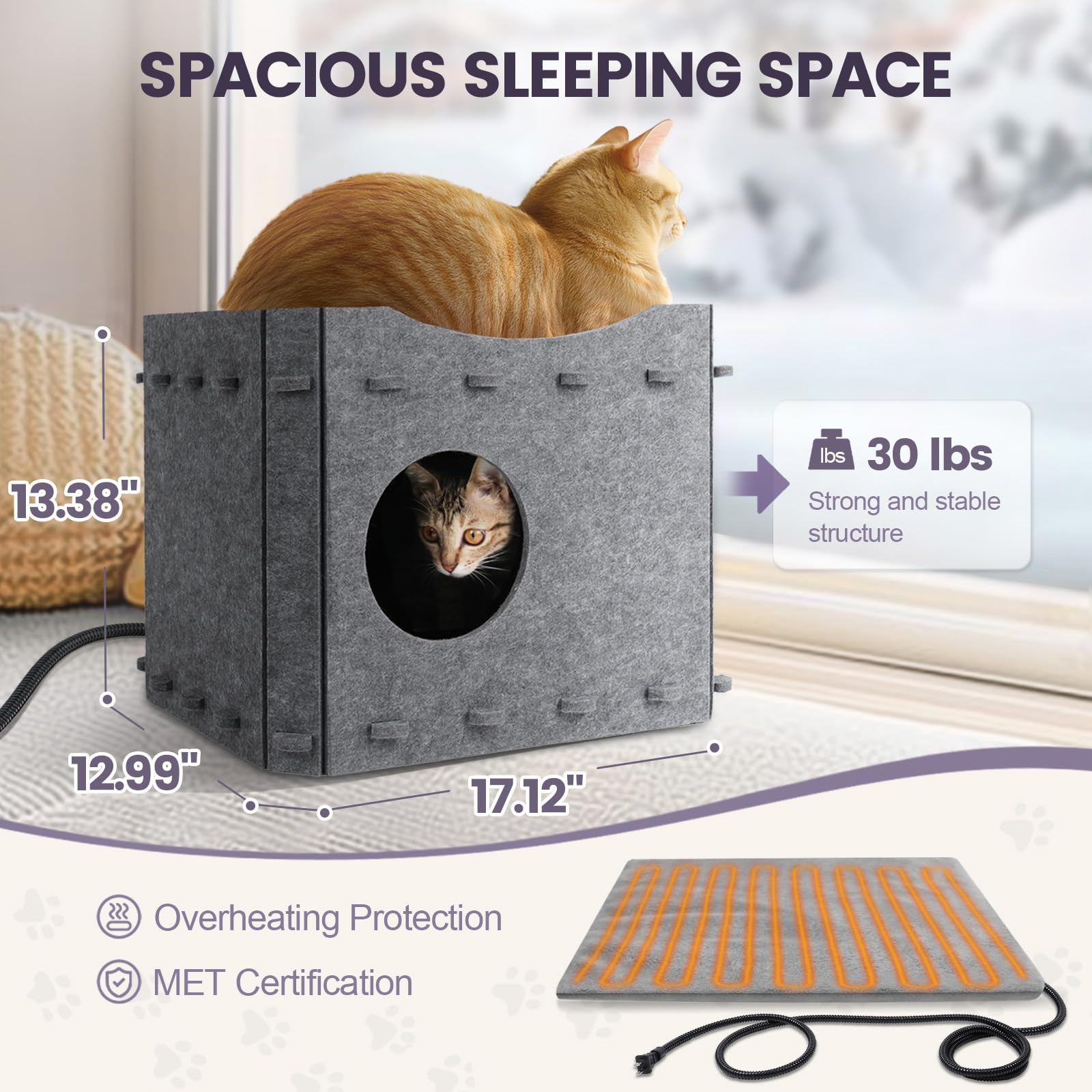 Sturdy Felt Cat Bed, Heated Indoor Cat House Up To 30Lbs, Lightweight Easy To Clean, Large Cat Cave For Multiple Cats