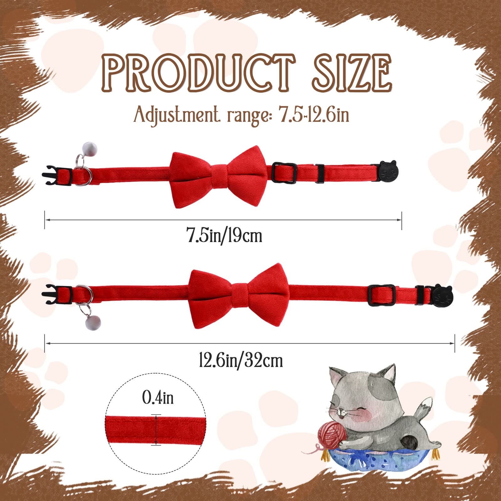 2 Pcs Velvet Cat Collar With Bell And Bowtie, Adjustable Breakaway Cat Collars Kitten Small Puppy Safety Bow Tie Solid Wedding Basic Color Cat Bow Tie Collar