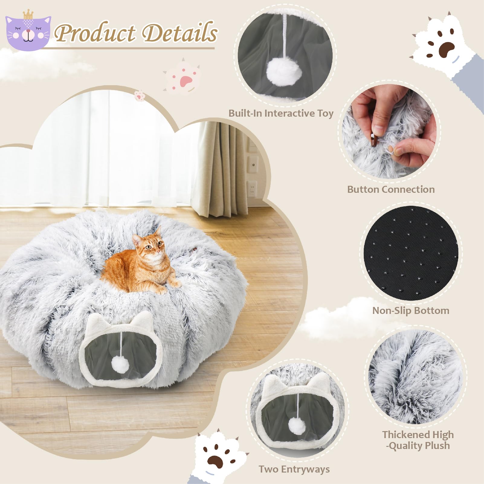 2-In-1 Cat Tunnel Bed For Indoor Cats, Warm Plush Cat Play Donut Tunnel With Washable Circle Cushion, Round Pet Peekaboo Cave To