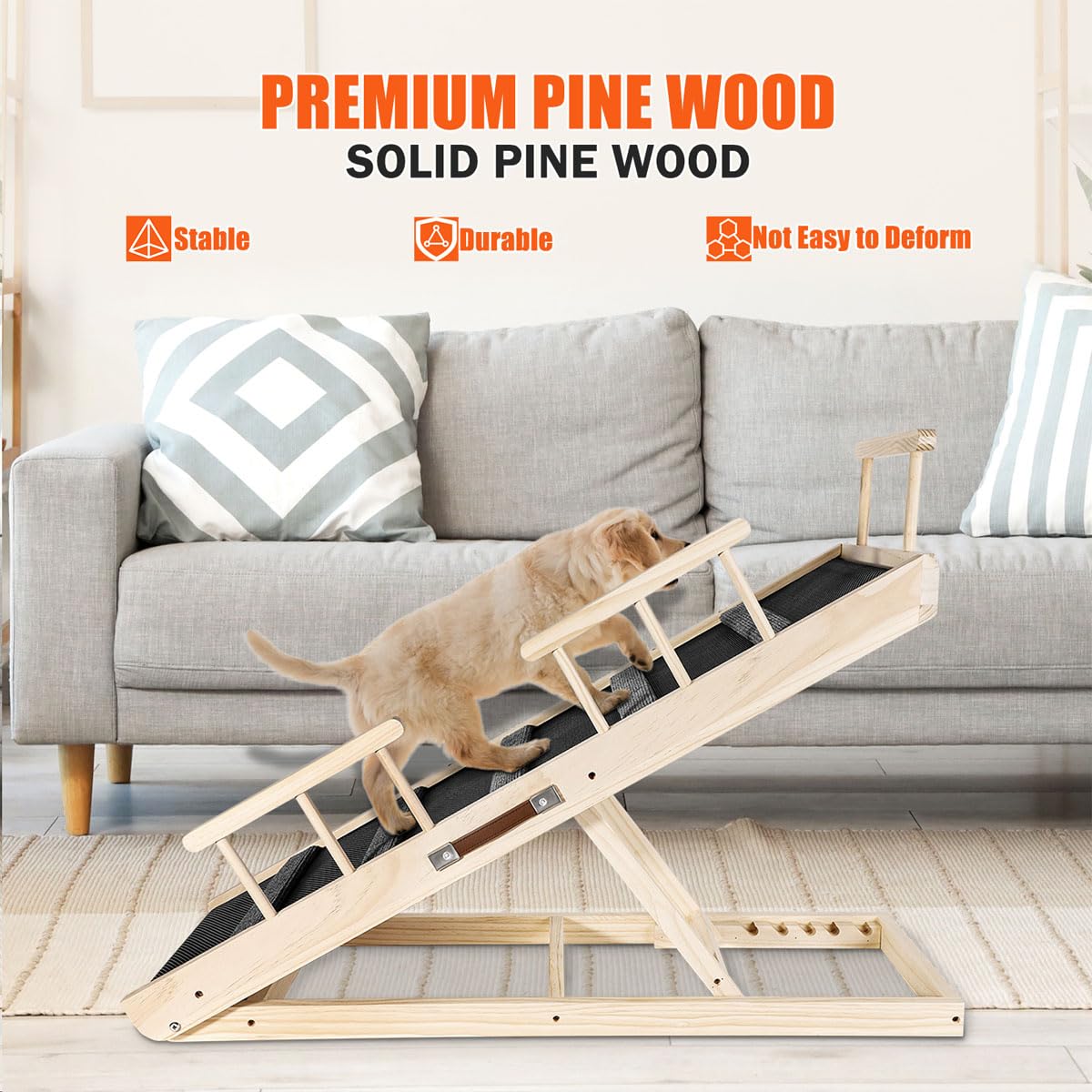 Galigali Dog Ramp, Adjustable Portable Folding Pet Ramp, Grey 43.3' Long Wooden With Non-Slip Traction Pad For Small Old Dogs A