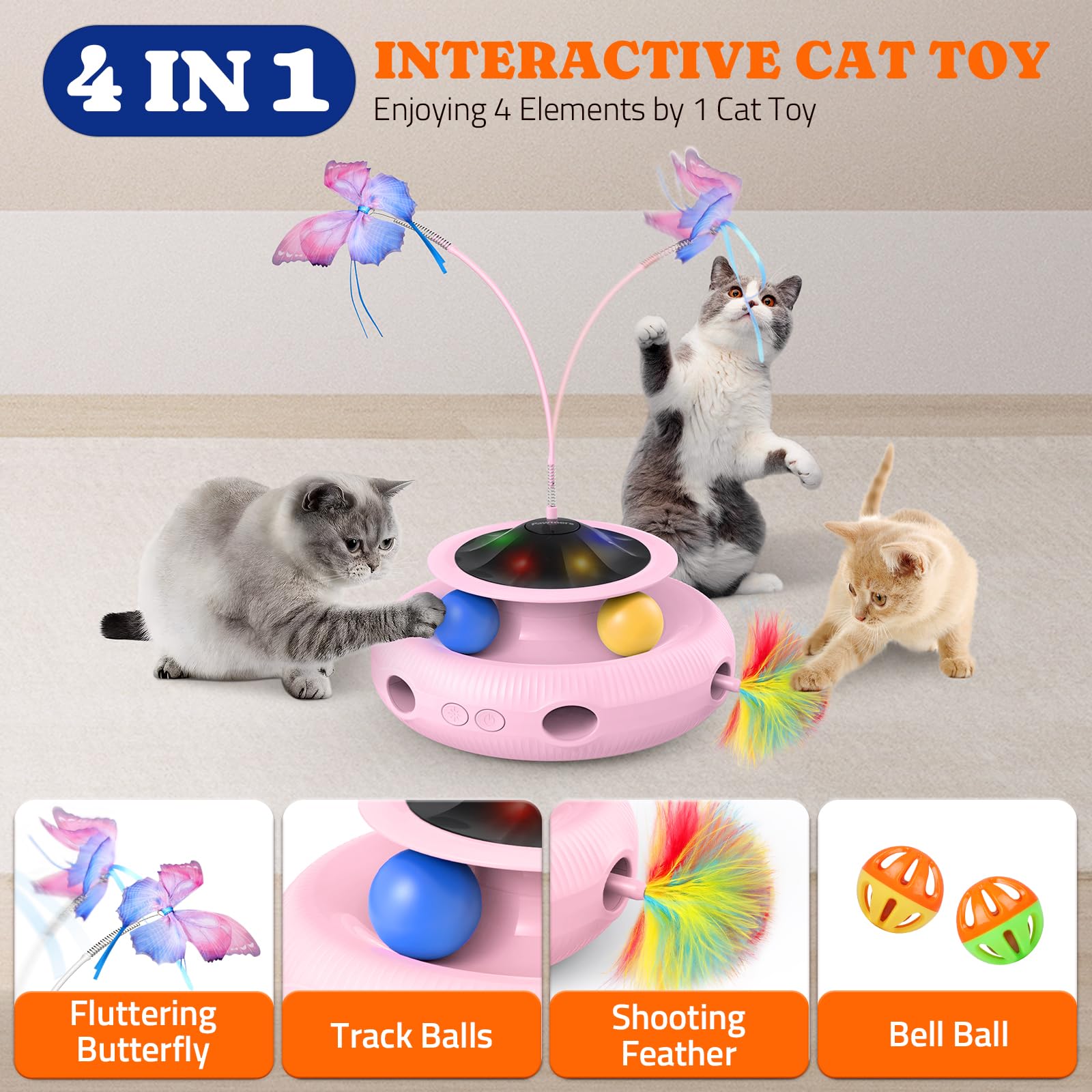 Interactive Cat Toy: 4 In 1 Automatic Cat Toy For Indoor Cats, Electric Kitten Toy With Rechargeable Battery, Self Play Kitty To