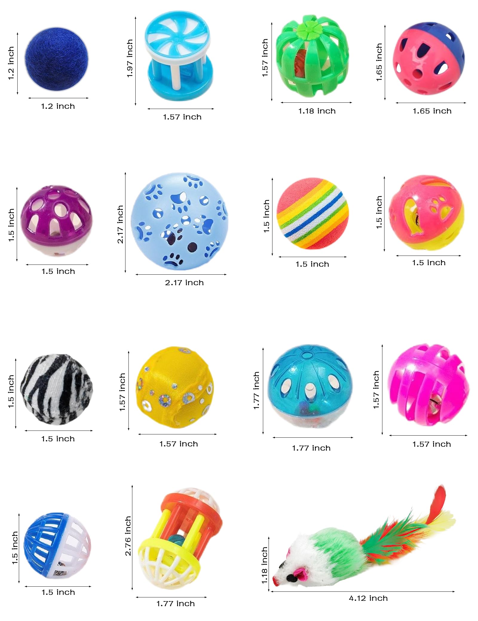 Heuhai 15-Piece Toy Set With Jingle Balls, Mouse & Fuzzy Balls - For Play, Exercise, And Interactive Fun (1.5' - 2.2', Cat Toy