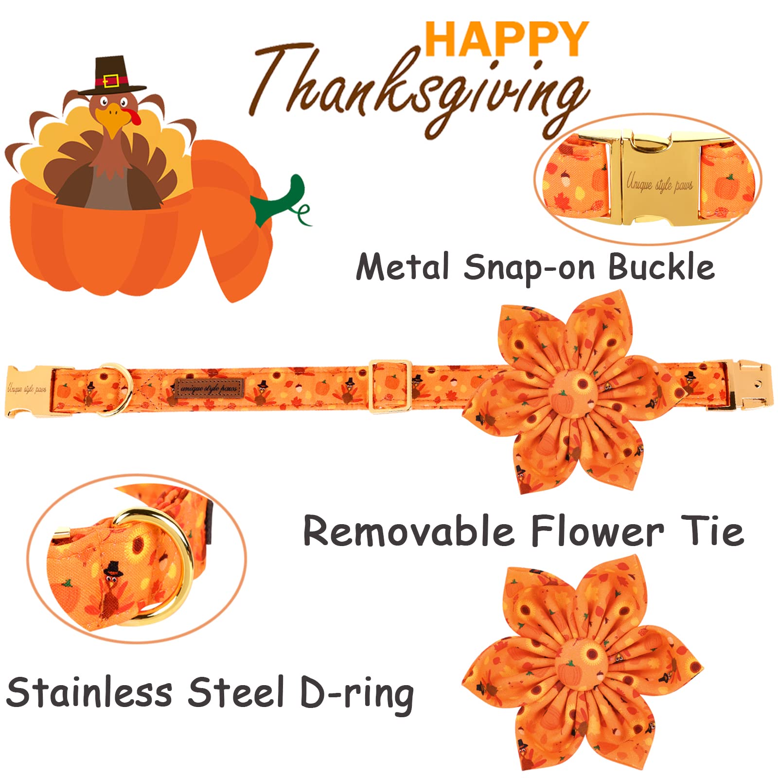 Unique Style Paws Halloween& Dog Collar With Flower Tie Pumpkin Cotton Collar Adjustable Puppy Collar Best Thanksgiving Gift For Small Medium Large Dogs-Turkey & Pumpkin Theme-L