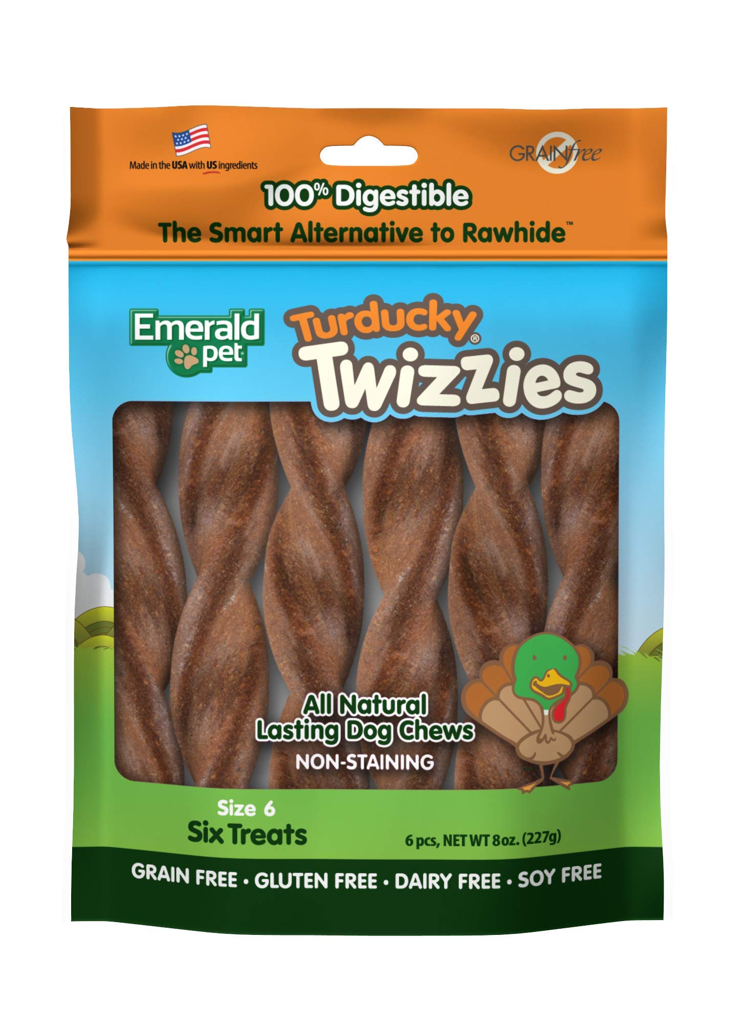 Emerald Pet Twizzies Rawhide Free 100% Digestible Natural Dog Lasting Chew Treats, Made in USA Size 6, Turducky Turkey Duck Mult