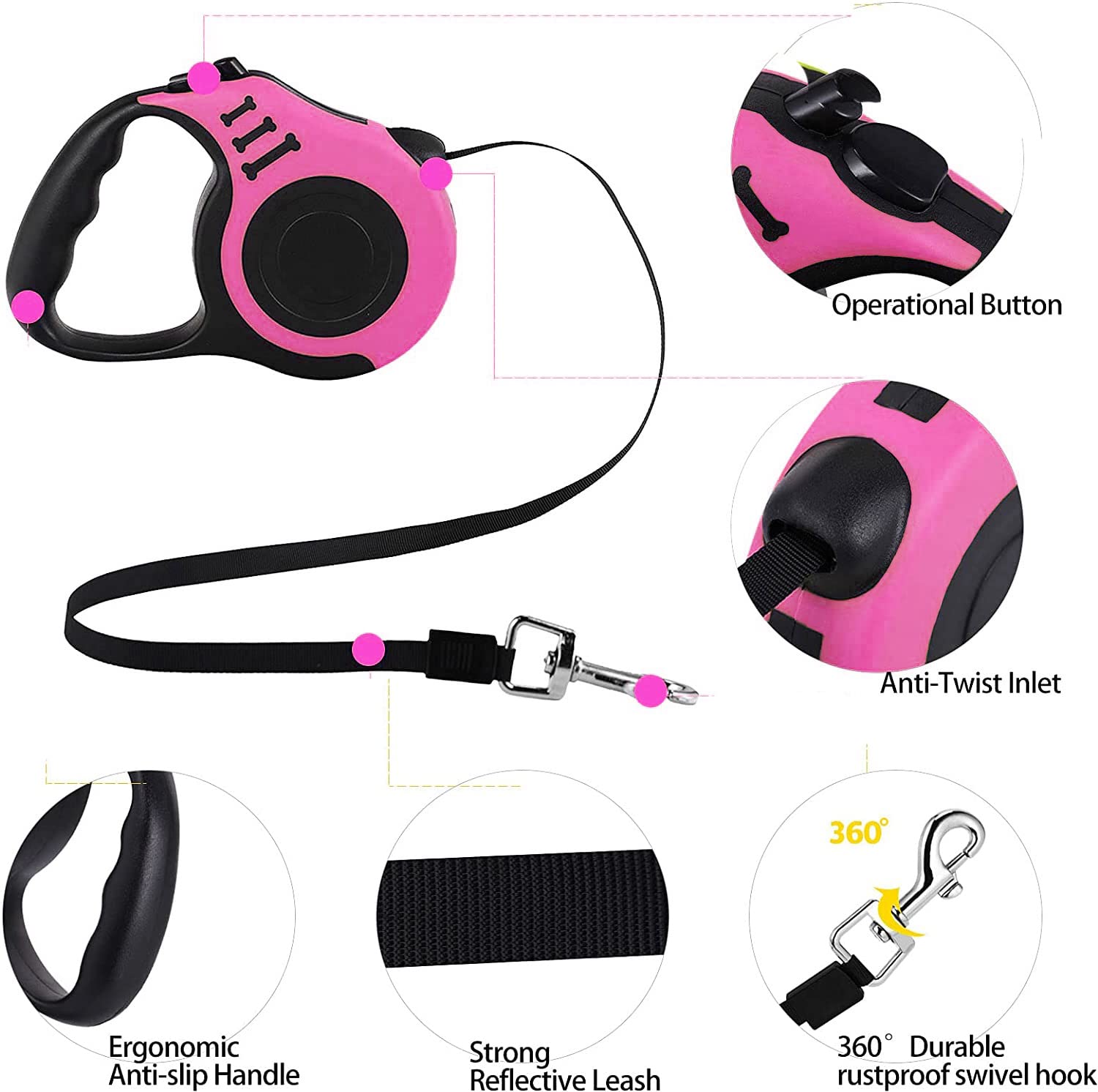 Retractable Dog Leash,Heavy Duty Dog Leash Retractable,Dog Walking Leash For Small Dog Or Cat Up To 26 Lbs,360° Tangle-Free Strong Nylon Tape,Anti-Slip Handle,With Waste Bag Dispenser(16Ft Pink)