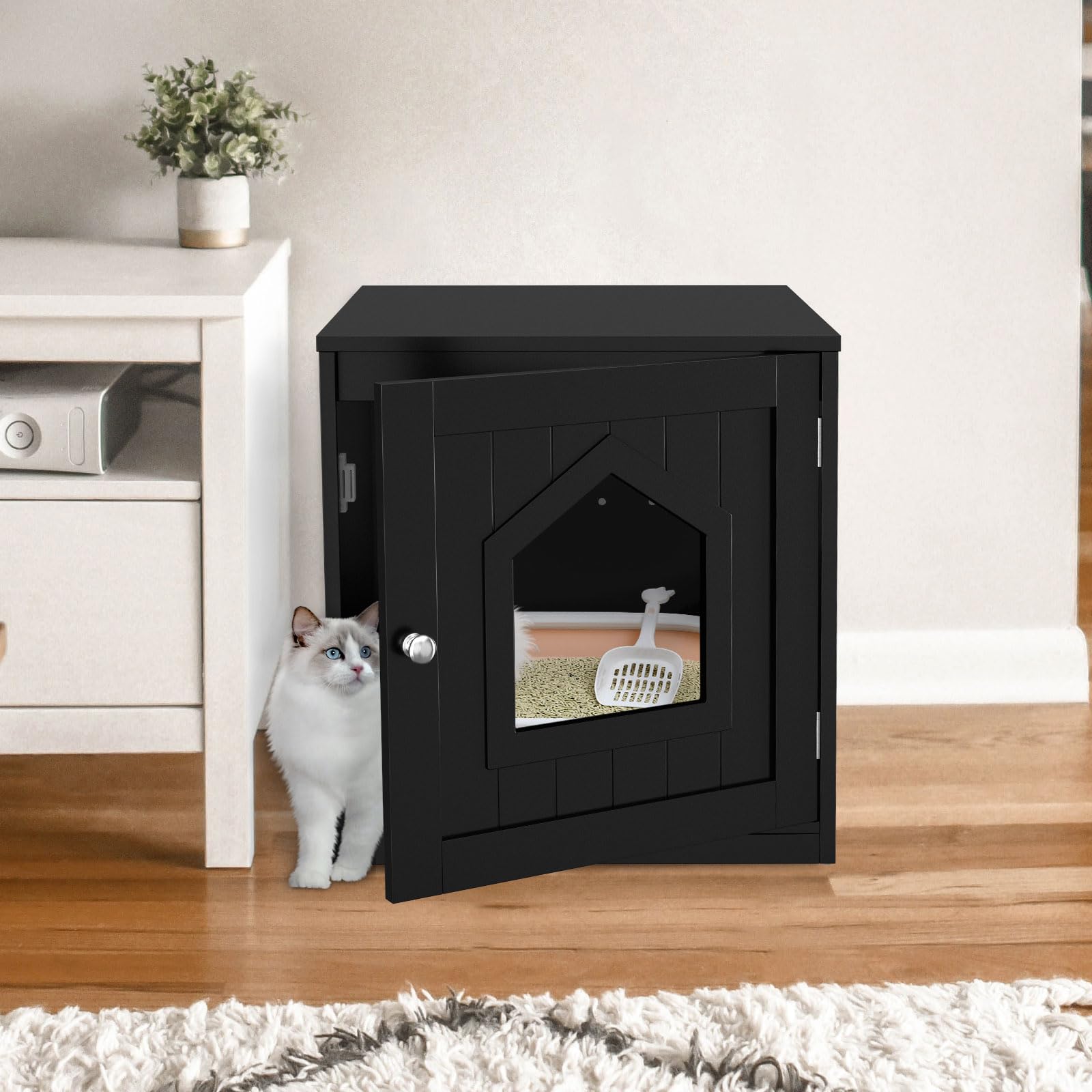 ZENY Hidden Cat Litter Box Furniture - Enclosed Cabinet With Vent Holes, Indoor Wooden Washroom, End Table, Nightstand (Black)