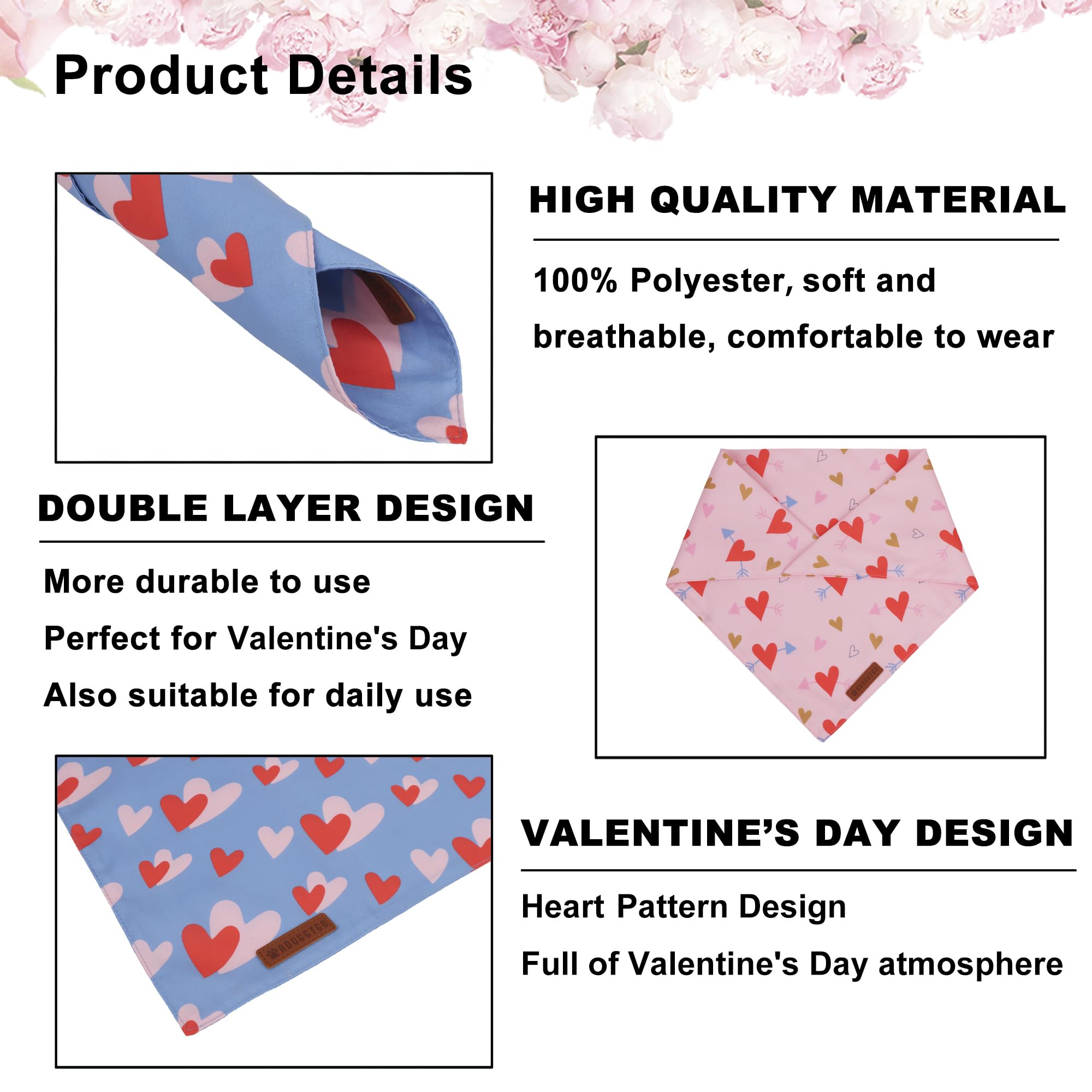 ADOGGYGO Valentine Dog Bandana, Blue Pink Heart Pet Scarf, Premium Durable Fabric, Adjustable Fit Pet Valentine Bandanas for Sma