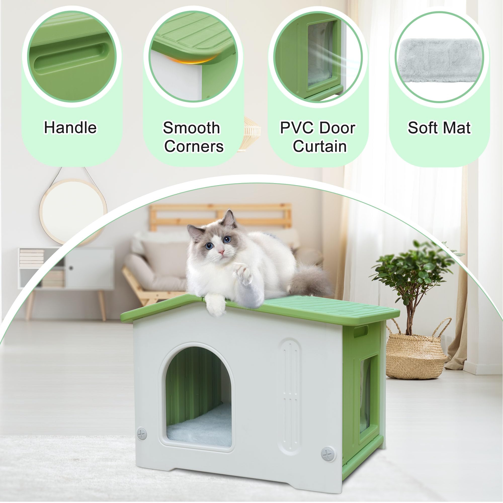 Weatherproof Cat House for Outdoor Indoor Use, Plastic Feral Cat House with Escape Door and Soft Mat, Outside Cat Shelter for Sm