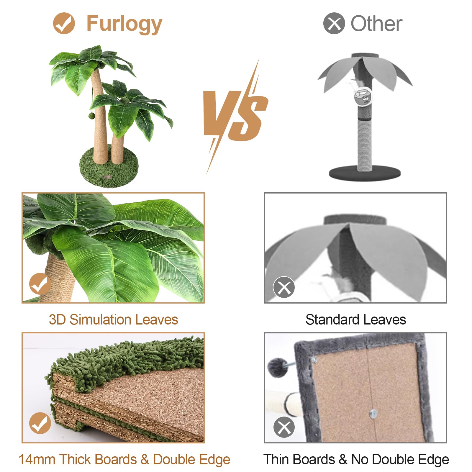 Furlogy Cat Scratching Post, 35'' Tall Cat Scratcher With Natural Sisal Rope, 5 Interactive Toy Balls And 2 Curved Design Scratc