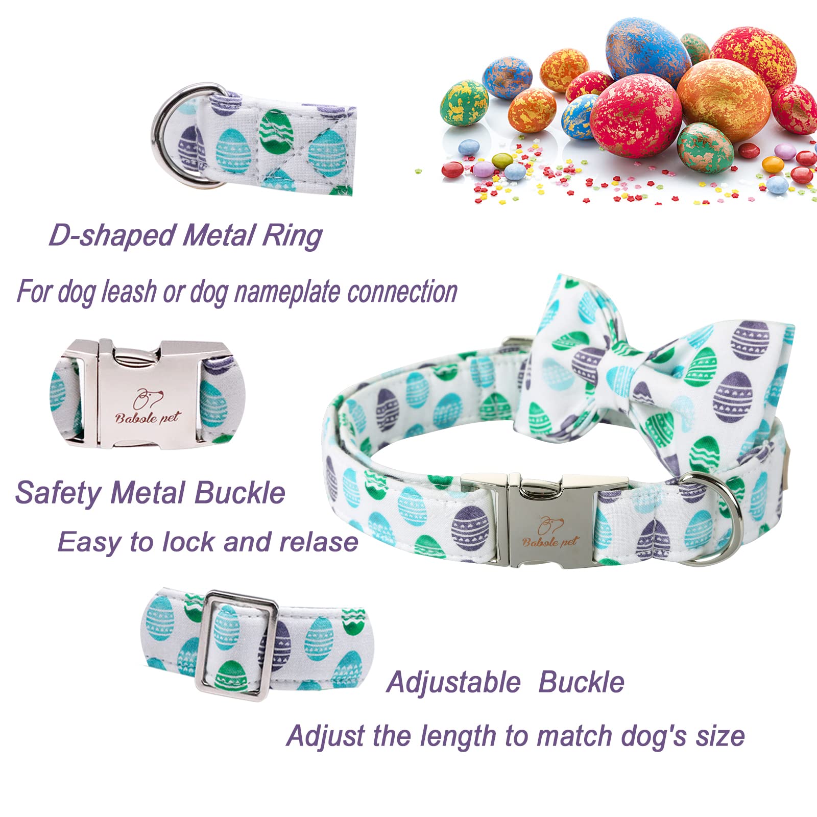 Babole Pet Easter Dog Collar With Bow Tie - Adjustable Easter Eggs Dog Collar Classic Bowtie Metal Buckle Puppy Collars For Smal