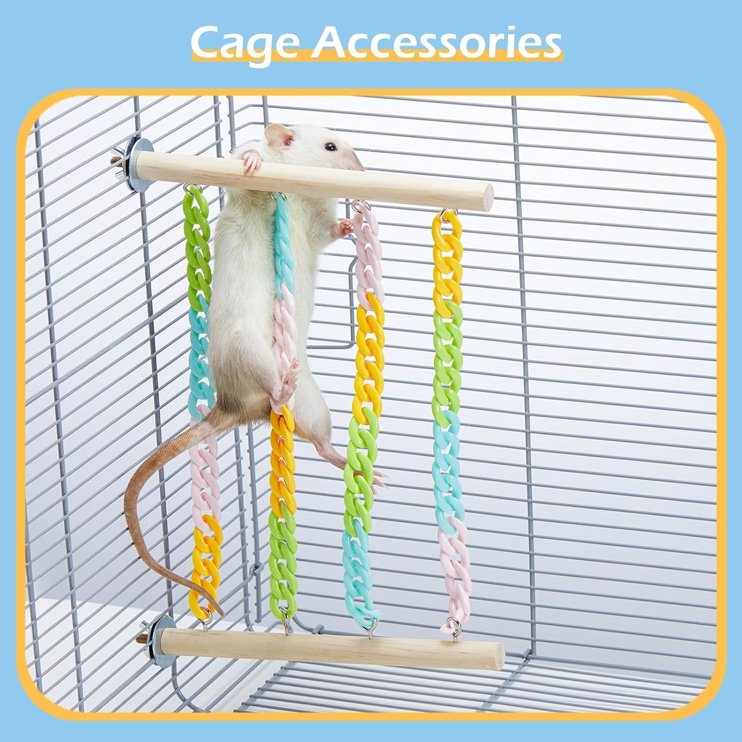 Jevnd Sugar Glider Climbing Toys, Natural Wood With Sturdy Colorful Chains Hanging Toys Sugar Glider Cage Accessories, Wobble-Fr