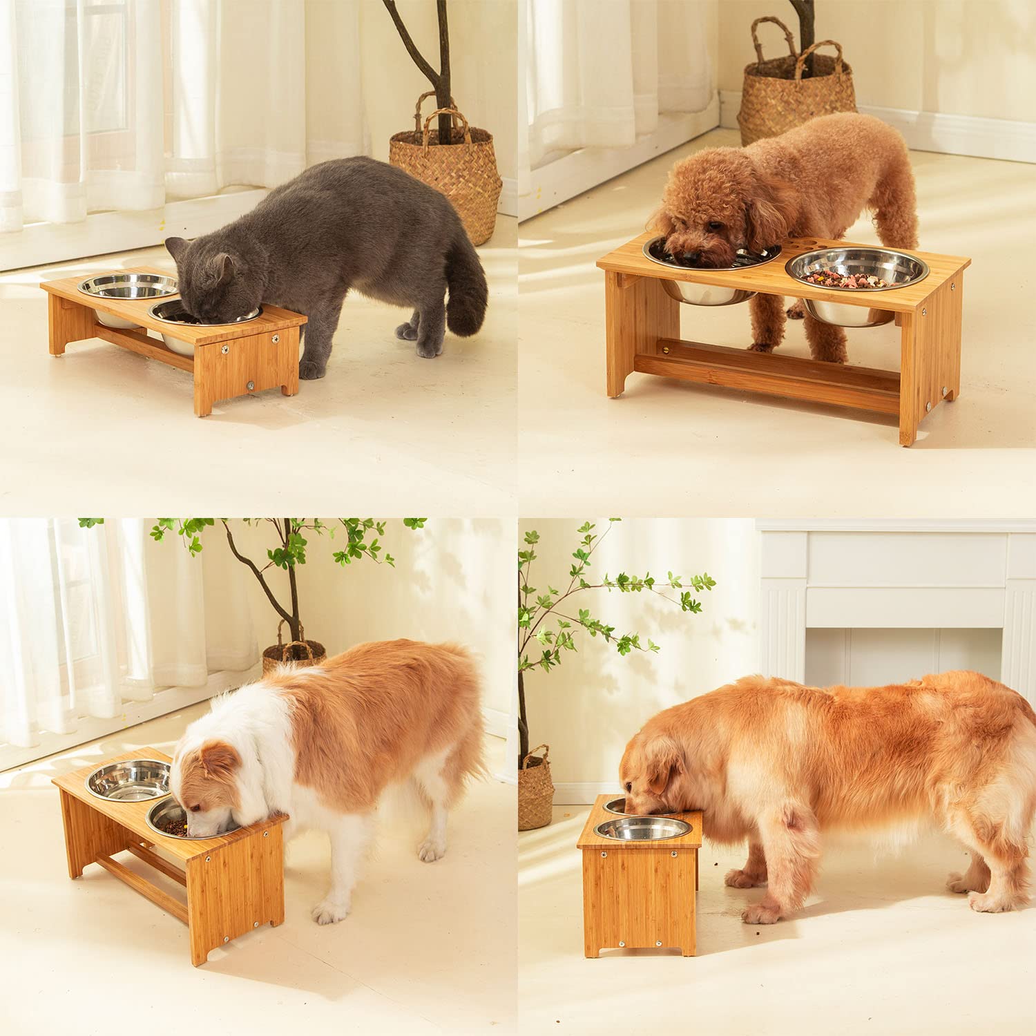 FOREYY Raised Pet Bowls for Cats and Small Dogs, Bamboo Elevated Dog Cat Food and Water Bowls Stand Feeder with 2 Stainless Stee