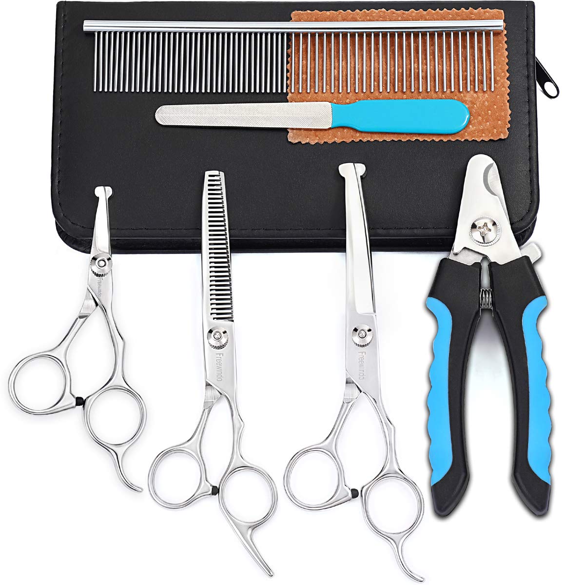 Freewindo Dog Grooming Scissors Kit, Safety Round Tip, Heavy Duty Stainless Steel Dog Scissors And Dog Nail Clippers For Groomin