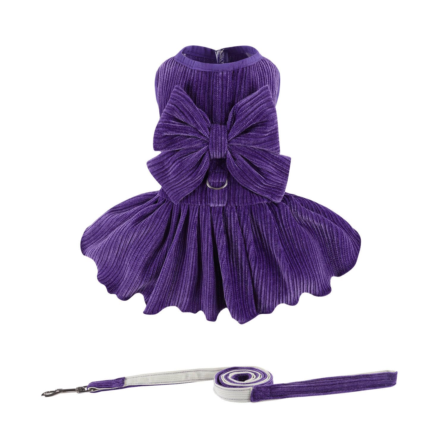 Dog Striped Dress,Pet Girl Bow Costume With Ring And Harness Leash,Dog Wedding Birthday Party Dress(Purple,Small)