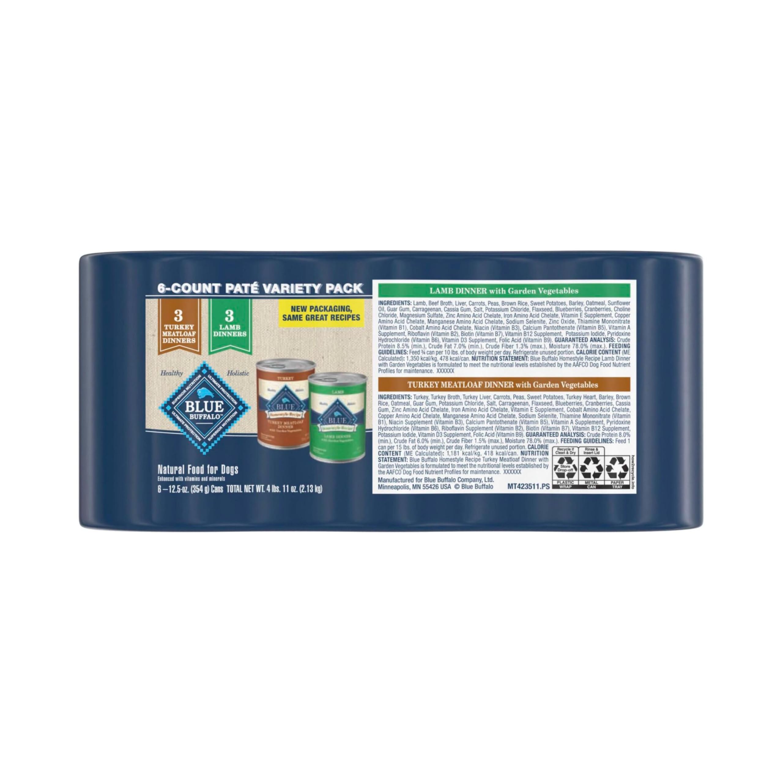 Blue Buffalo Homestyle Recipe Adult Wet Dog Food, Made with Natural Ingredients, Turkey and Lamb Dinner Variety Pack, 12.5-oz Ca