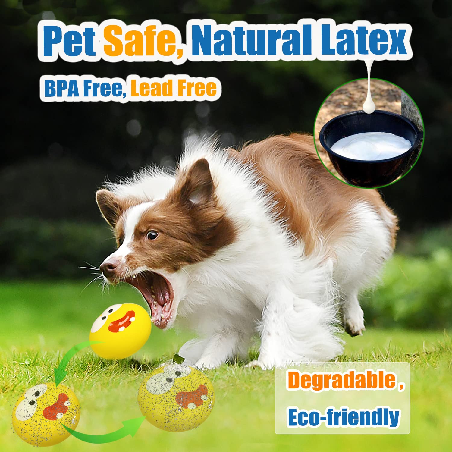 HOLYSTEED Squeaky Dog Toys for Medium & Large Breeds, Stuffed Latex Balls, Yellow, 2pcs Puppy Flat Ball with Smile Face