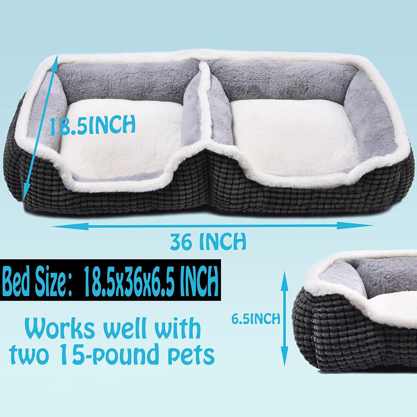 Dog Beds For Two Small Dogs, Double Cat Beds For Indoor Cats,Washabel Super Soft Durable Kitten Bed And Puppy Bed,?nti-Slip & Water-Resistant Bottom,Luxury Rectangle Grey Pet Bed