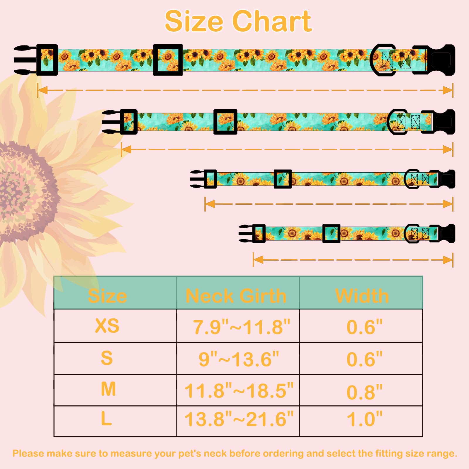 Faygarsle Dog Collar For Small Medium Large Dogs Cute Light Green Puppy Collars For Female Dogs Sunflower Patterned Pet Collars