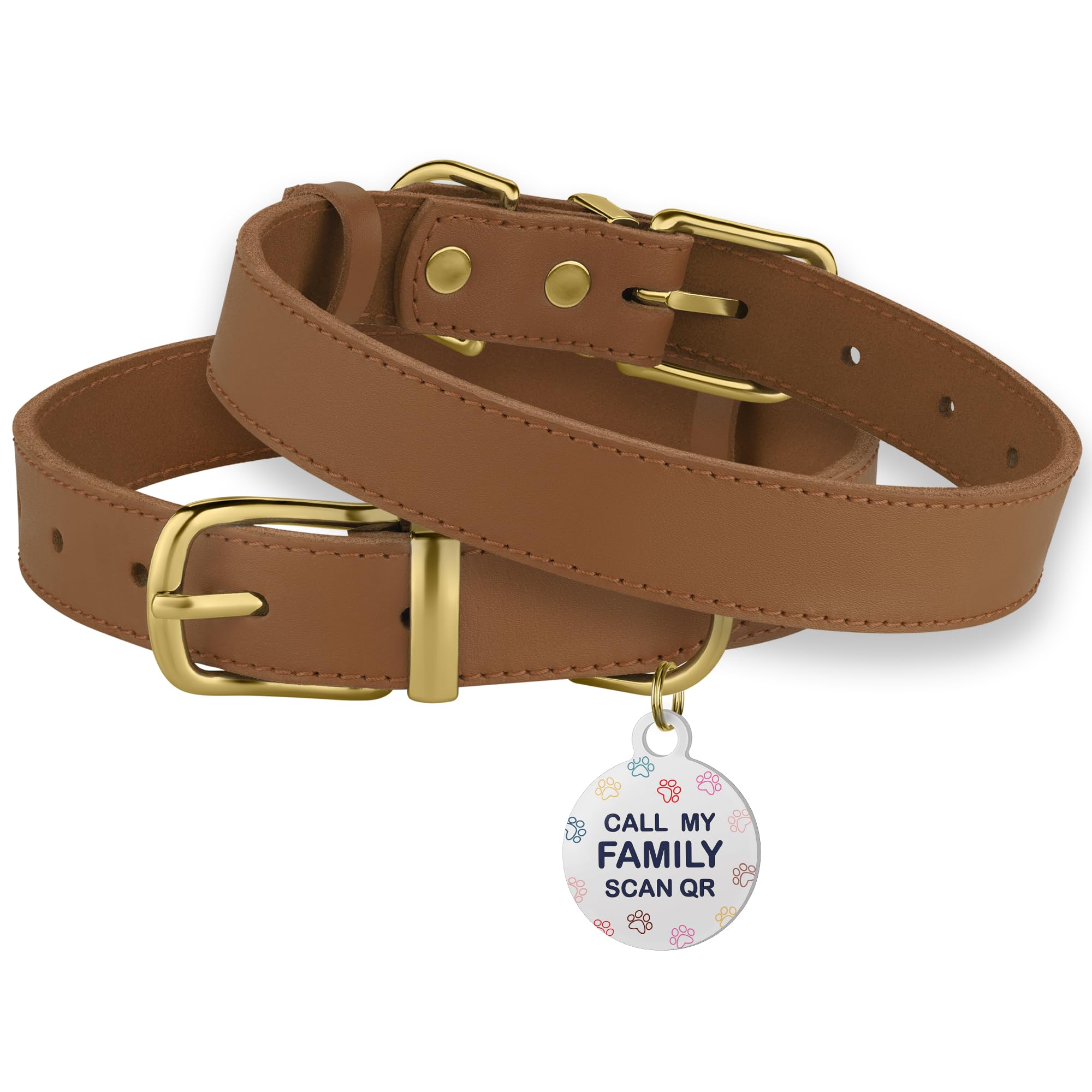 Bronzedog Leather Dog Collar With Qr Id Tag Basic Pet Collars For Small Mini Dogs Cats Puppies (9-11 Inch (Pack Of 1), Light Bro