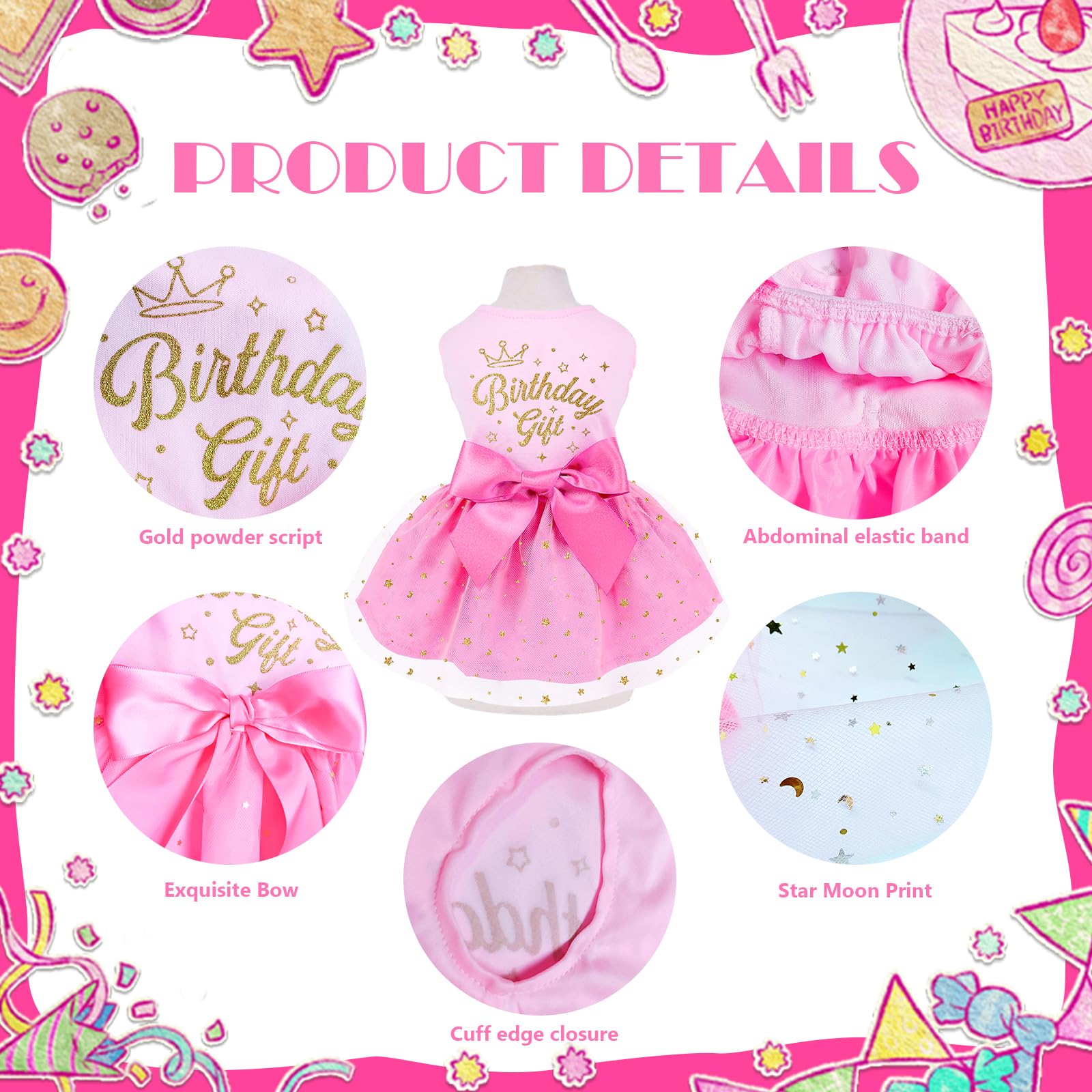 Birthday Dog Dress, Princess Dog Dress Tulle Puppy Skirt Doggie Birthday Outfit Pink Clothes For Small Dogs, Cat Pet Apparel (Sm