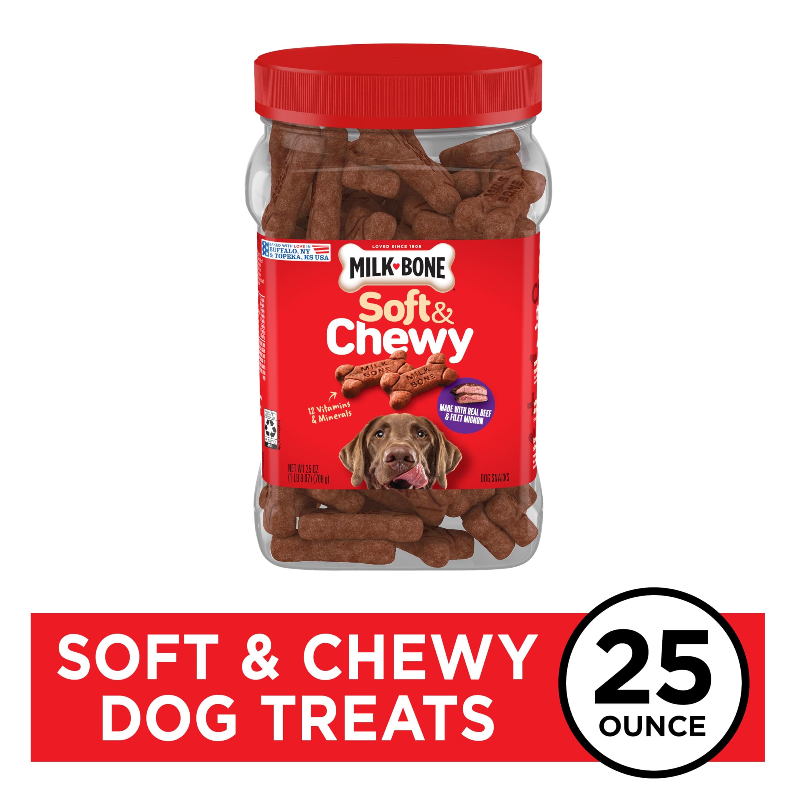 Milk-Bone Soft & Chewy Dog Treats, Beef & Filet Mignon Recipe, 25 Ounce Made with Real Chuck Roast
