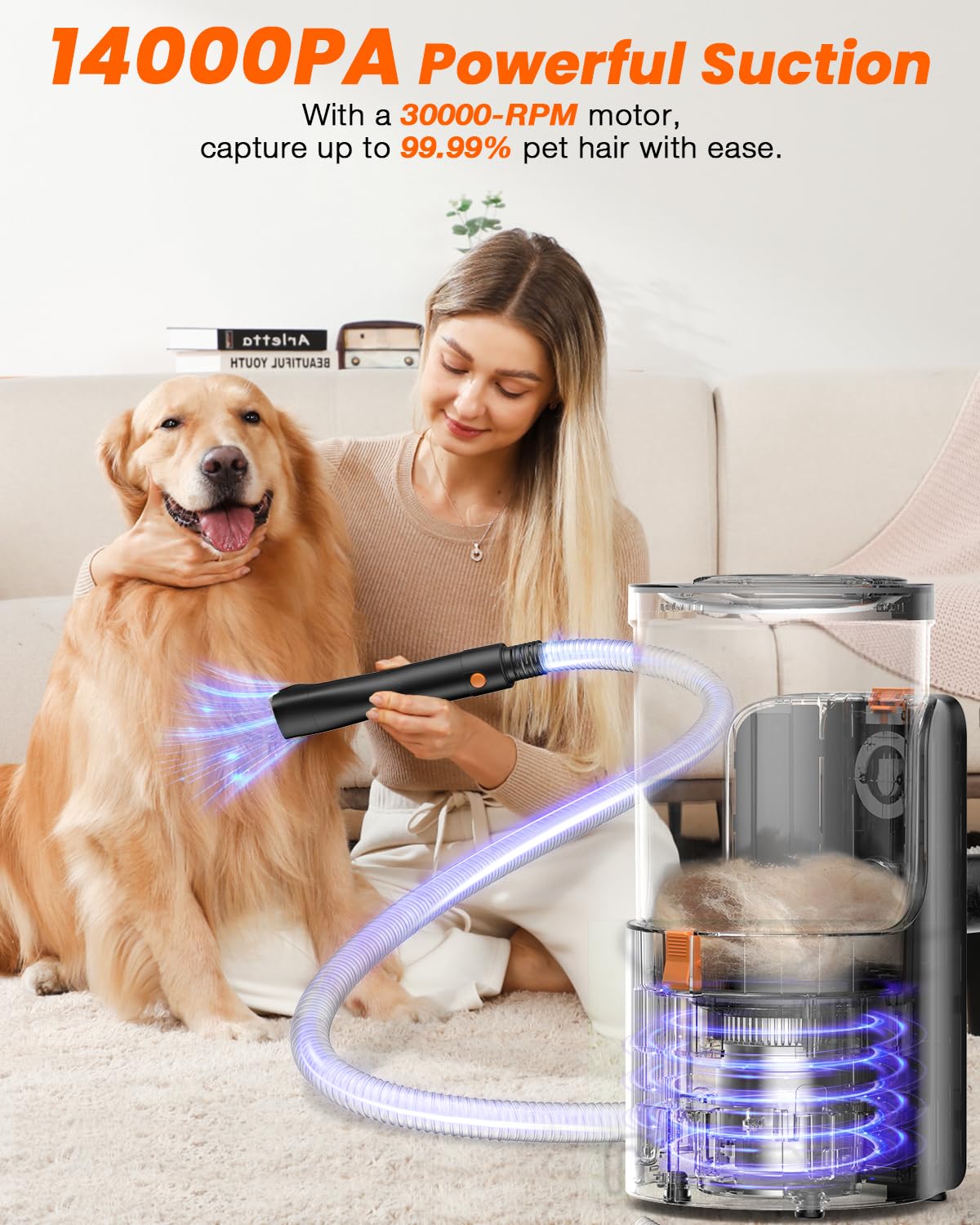 Buenkee Dog Grooming Vacuum, 4.5L Extra-Large Dust Cup Dog Grooming Kit, 14000Pa High-Suction Pet Groomer With Clippers, Low-Noi