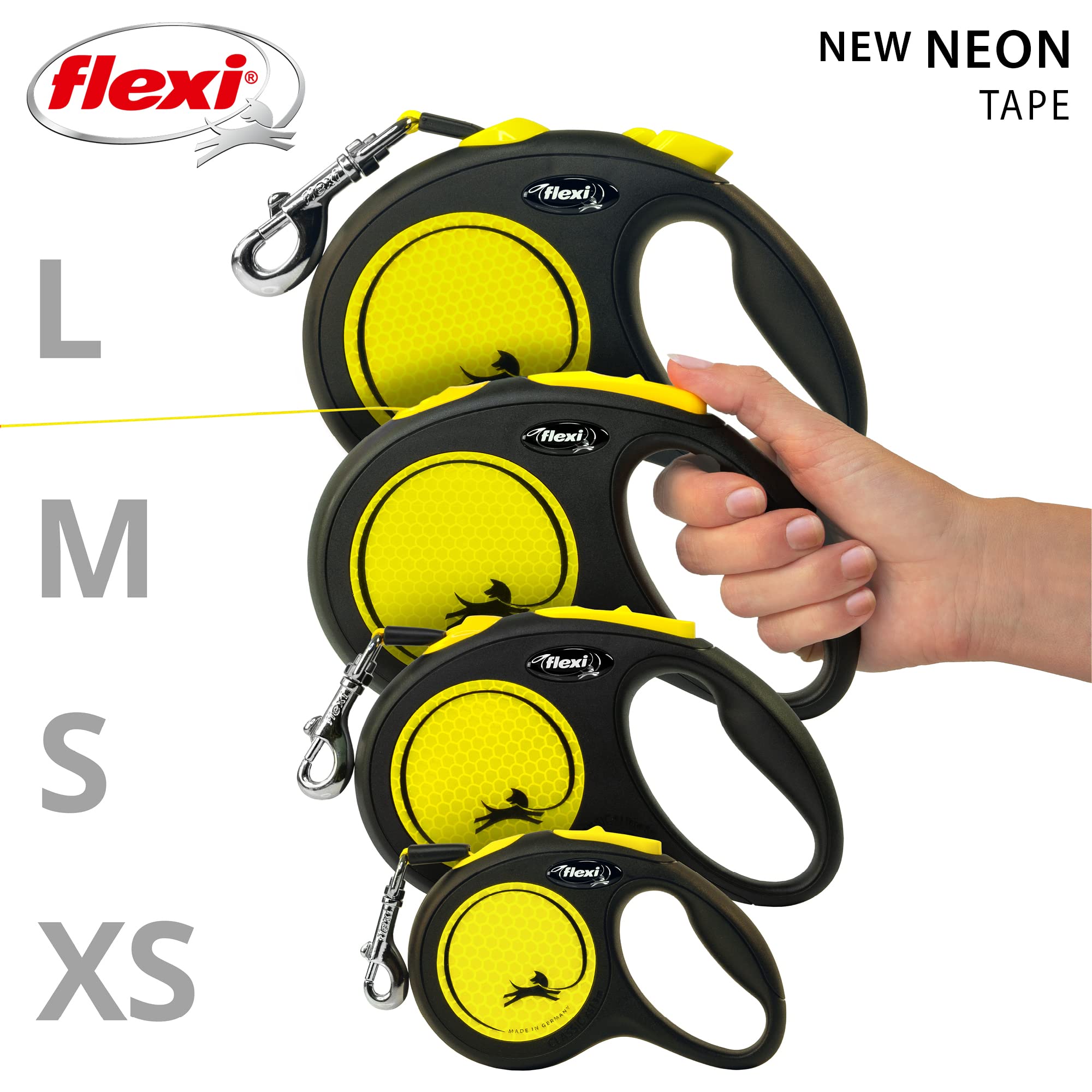 Flexi New Neon Tape Retractable Dog Leashes For Small Dogs Upto 33 Lbs. – 16 Ft., Neon Yellow/Black | Tangle Free Pet Walking Leash With One-Handed Brake, Pause, Lock | German Quality Product