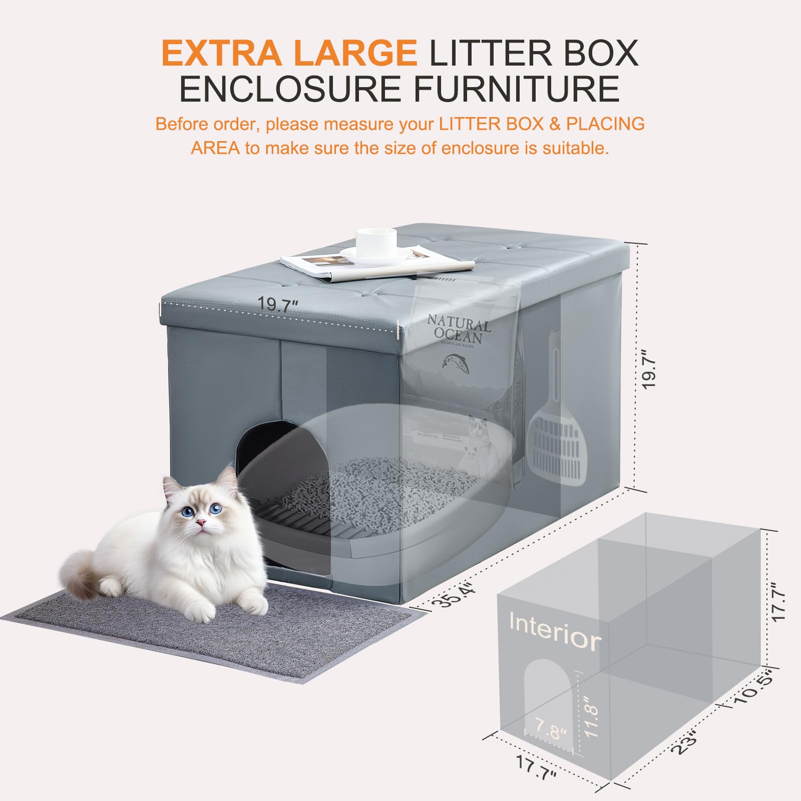 Meexpaws Cat Litter Box Enclosure Furniture Hidden, Cat Washroom Bench Storage Cabinet | Extra Large 36'' X 20'' X 20''| Dog Proof | Waterproof Inside/Easy Clean | Easy Assembly | Odor Control(Grey)