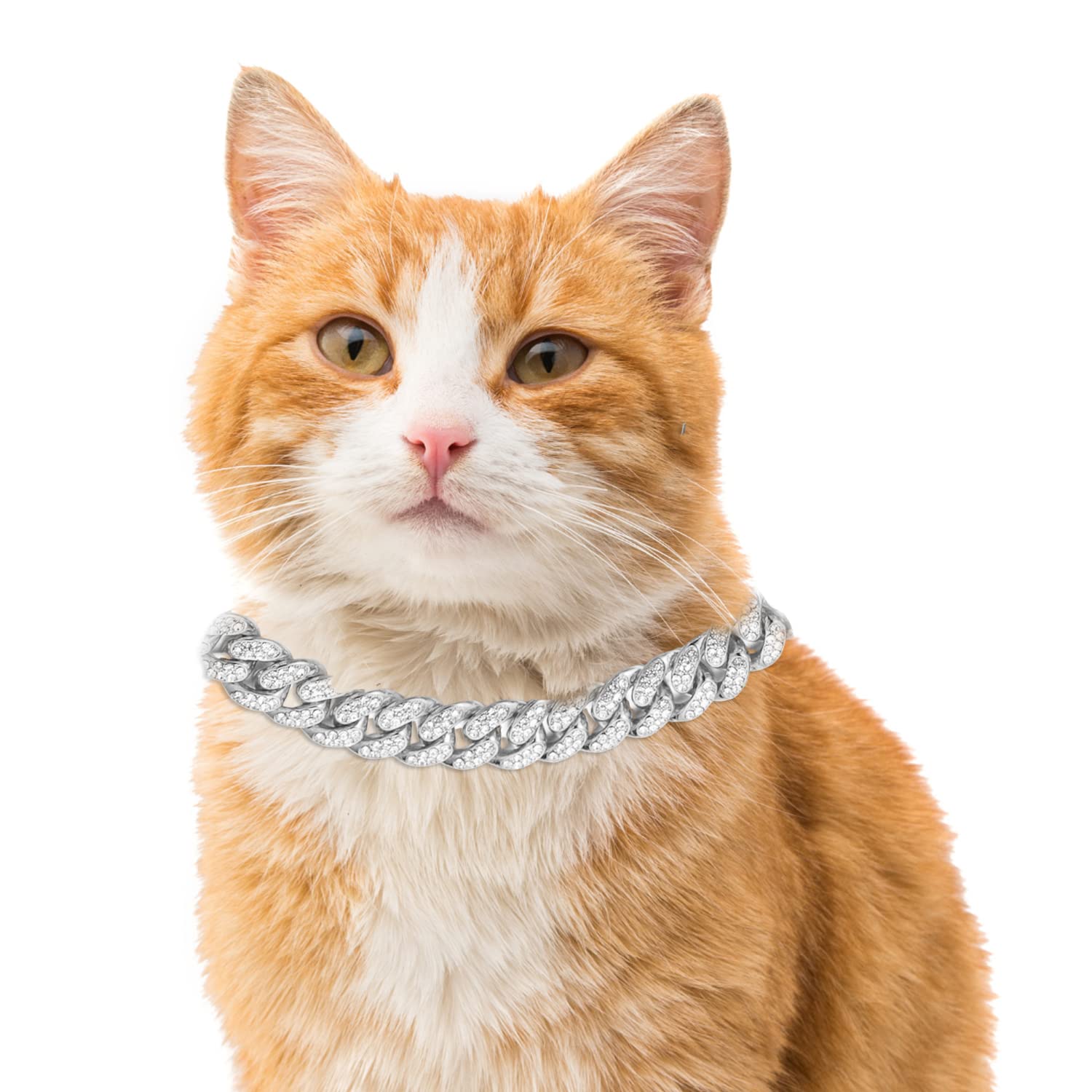 Halukakah Cat Collar - Carat - Iced Out Diamond Cuban Link Gold Chain For Cats & Kittens - Platinum Plated 9'' Collar Size - For