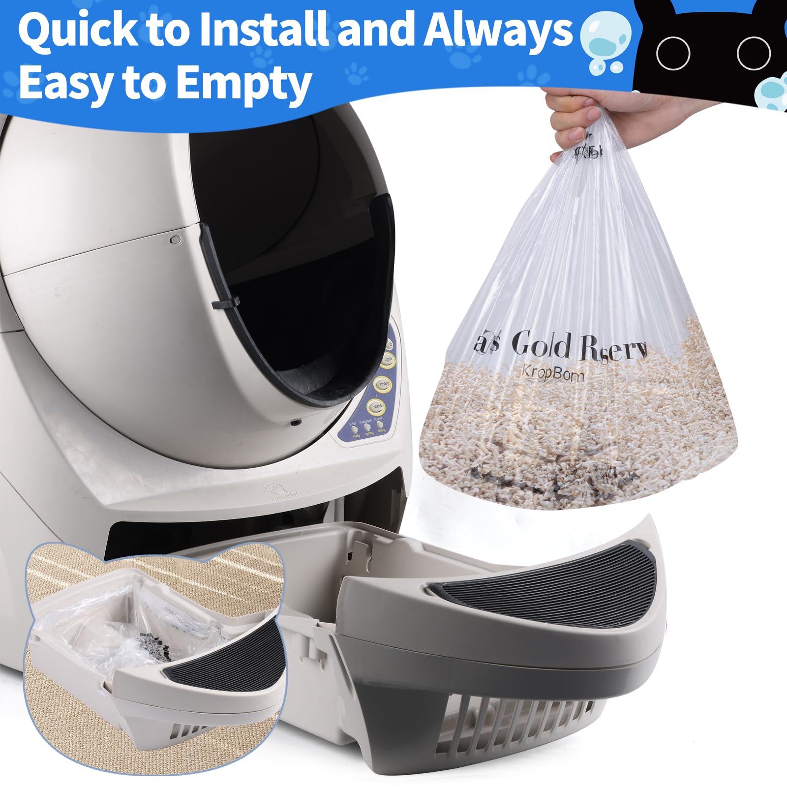 60 Pack Litter Box Robot 3 4 Waste Bags, Self Cleaning Cat Litter Box Robot Waste Liner Bags Replacement, Heavy Duty 9-11 Gallon