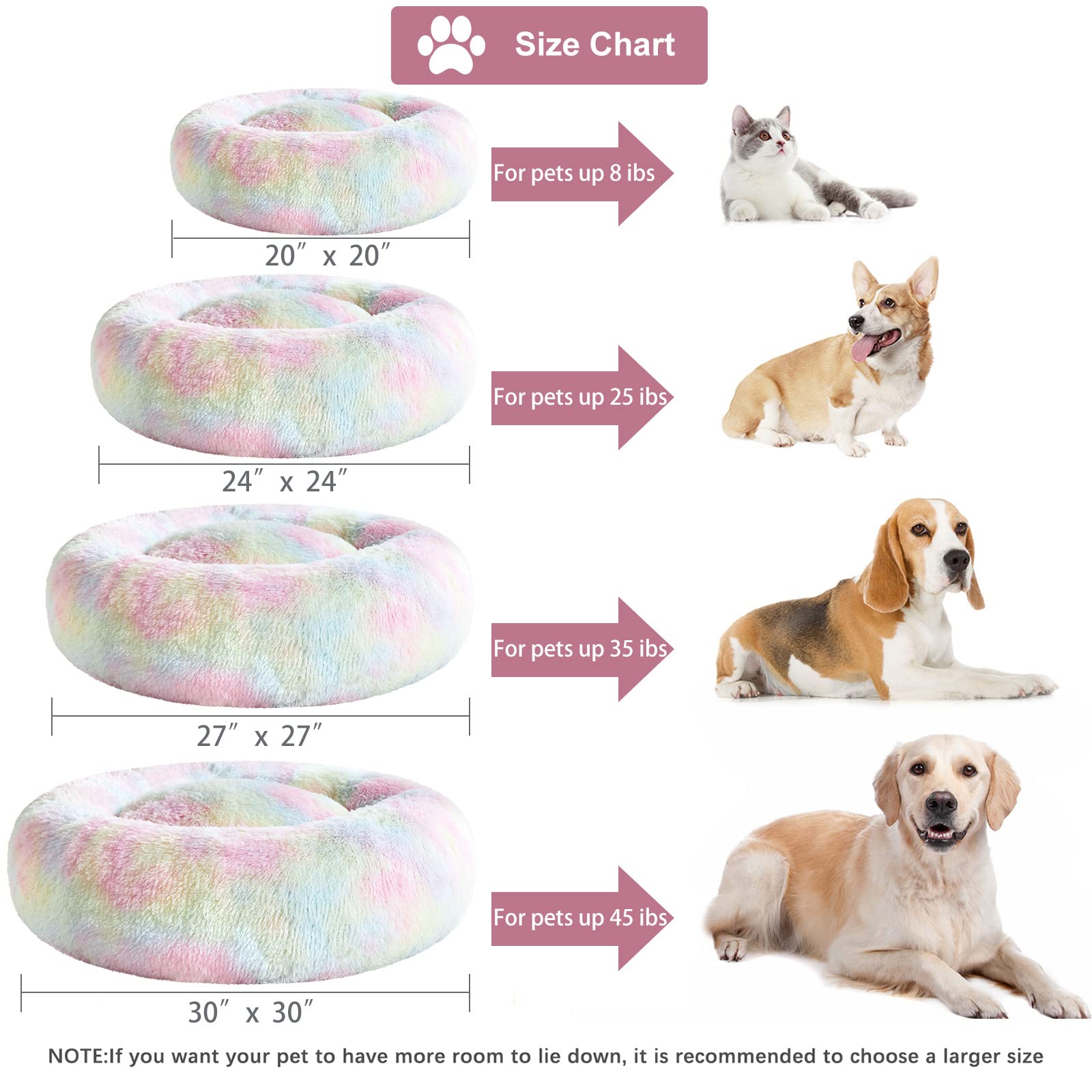 Wnpethome Calming Dog Bed Cat Bed Donut, Faux Fur Pet Bed Self-Warming Donut Cuddler, Comfortable Round Plush Dog Beds (24 X 24