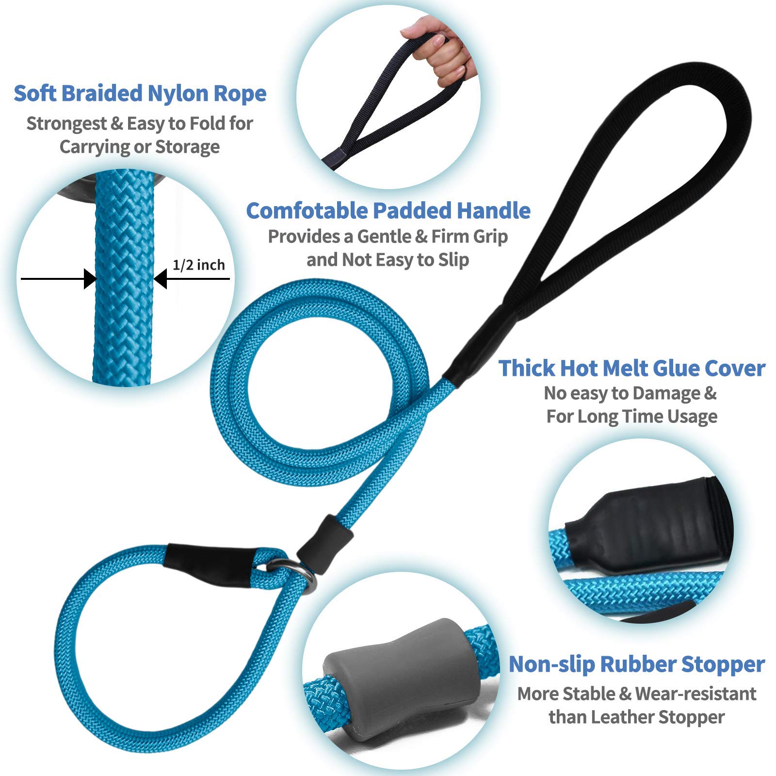 Strong Slip Rope Dog Training Leash (5Ft) - Heavy Duty Durable Braided Nylon Lead With Rubber Stopper & Padded Handle - No Pull