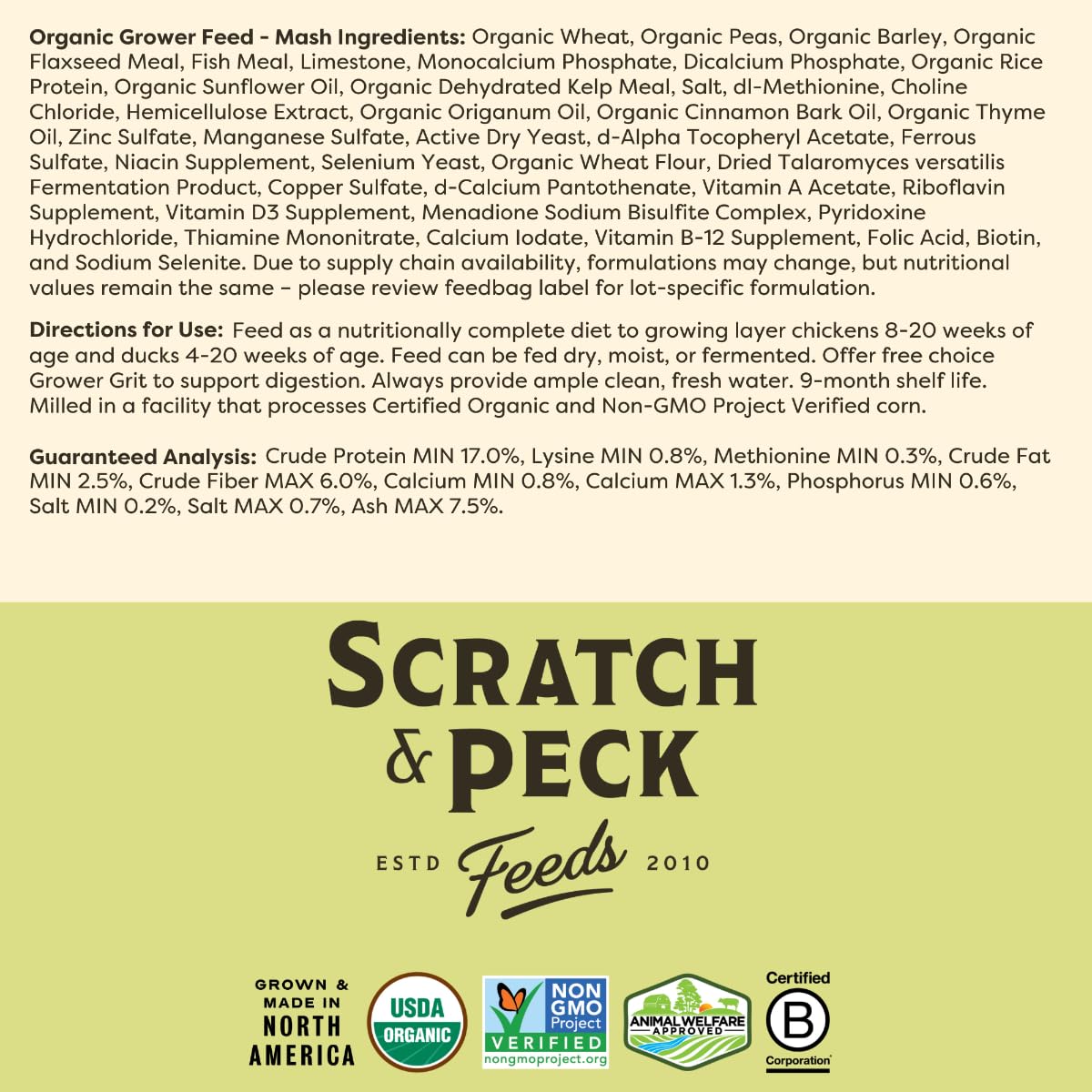 Scratch and Peck Whole Grain Grower Mash Chicken and Duck Feed - 25 lbs Bag - Corn-Free and Soy-Free - 17% Protein, Certified Or