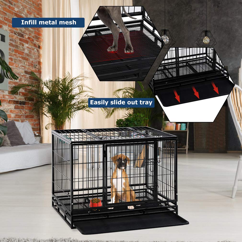 Dog Crate Cage For Large Dogs Heavy Duty 48/42/36Inches Dog Kennel Pet Playpen For Training Indoor Outdoor With Plastic Tray Dou